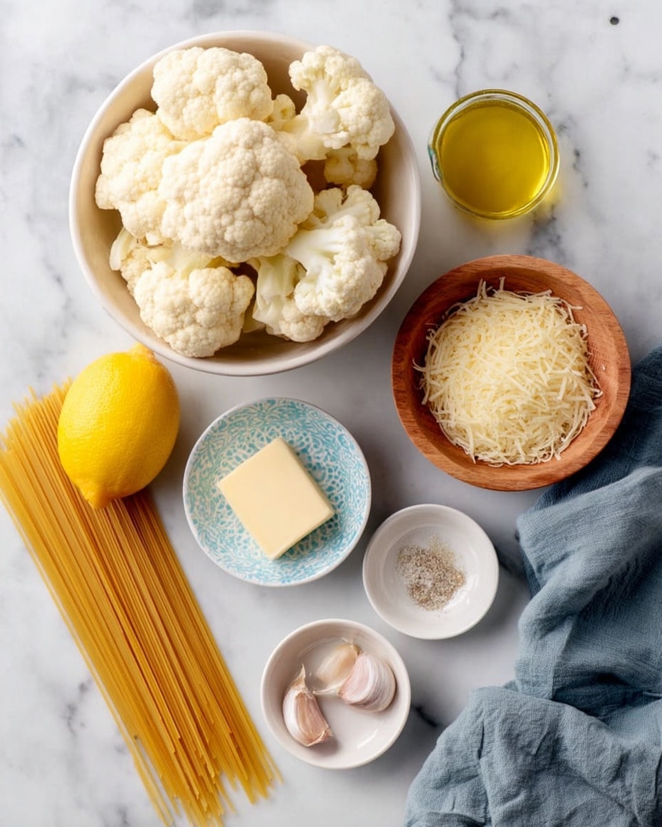 The image shows several ingredients arranged on a white marbled surface. In the top center, there is a white bowl filled with large, off-white cauliflower florets that display a bumpy texture. To the right of this bowl is a small wooden bowl filled with finely grated pale yellow cheese. Below this, a plain white small dish holds a square piece of light yellow butter. To the left of the butter dish is a whole bright yellow lemon. Beside the lemon, uncooked spaghetti lies flat with its long, thin, golden strands spread out. Above the spaghetti, a small clear glass container filled with golden oil is visible. Between the oil and the butter, a small round white dish with a blue pattern holds a dab of smooth beige mustard. Two garlic cloves with smooth off-white skins rest near the oil. A small white dish at the bottom holds granular salt and pepper mix. On the right side, a folded blue-gray cloth is placed on the white marbled surface. photo taken with an iphone --ar 4:5 --v 7