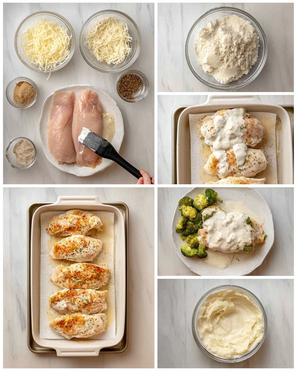 The image shows a step-by-step process of making a baked chicken dish. The first layer includes raw, pale pink chicken placed in a glass bowl with small bowls of white shredded cheese, white creamy sauce, and spices around it, all on a white marbled surface. Next, a clear glass bowl contains a mix of white shredded cheese and light beige and gray spices on top. Then, a creamy white sauce with a smooth texture is being whisked in the bowl. The chicken is laid on a large white baking tray lined with white parchment paper next to the bowl of sauce. A woman's hand uses a black brush to spread the creamy sauce evenly over the chicken. The chicken pieces are fully coated with the thick, white sauce and lined up on the baking tray with the brush resting on the side. The sauced chicken is then placed in a white ceramic baking dish, showing four evenly coated pieces stacked side by side. After baking, the chicken turns golden brown on top with some crispy charred spots, while juices pool around the edges in the same white baking dish. Finally, the cooked chicken is served on a white round plate with small piles of creamy white mashed potatoes and green roasted broccoli on the side, all set on a white marbled surface. photo taken with an iphone --ar 4:5 --v 7