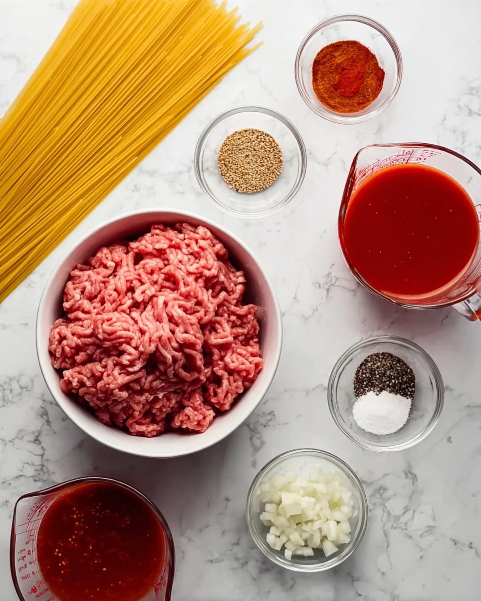 The image shows various cooking ingredients arranged on a white marbled surface. In the center, there is a white bowl filled with raw ground meat that is pinkish-red in color and has a crumbly texture. Around the bowl, small clear glass bowls contain spices: one with a reddish powder, another with small brown seeds, one with white granules, and another with black specks. There is a small bowl with chopped white onions and another with minced garlic. On the left side, uncooked long yellow spaghetti noodles lie flat. To the right, two clear glass measuring cups hold smooth liquids, one bright red and the other a deeper reddish color. The arrangement is neat and well spaced. Photo taken with an iphone --ar 4:5 --v 7