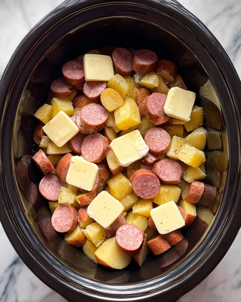 Inside a black slow cooker, there is a mix of thick slices of pink sausage and small golden potato pieces layered together, filling the pot evenly. On top, there are three square pats of pale yellow butter resting in different spots, slightly melting into the ingredients. The slow cooker sits on a white marbled surface, visible around its edges. photo taken with an iphone --ar 4:5 --v 7