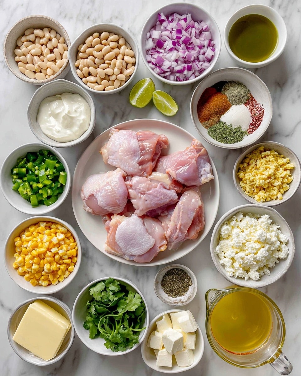 The image shows many small white bowls arranged on a white marbled surface, each filled with different colorful ingredients for cooking. At the center, a white plate holds several raw pink chicken thighs with some white fat. Surrounding it at the top left is a bowl full of light beige cannellini beans, next to bright purple chopped red onion, and green chopped green chiles. Near the chicken thighs are small bowls with chopped dark green Anaheim pepper, white kosher salt and black pepper mix, and bright yellow canned corn. Below are more bowls with white cubes of cream cheese, off-white creamy creamer, and light beige mayo. Near the bottom left is a bowl with soft yellow butter, a bowl filled with light green lime juice, and another with green lime zest. Fresh dark green cilantro is in a small bowl, as well as crumbled white feta cheese, minced off-white garlic, a mix of brown, red, and green spices, and white all-purpose flour. On the bottom right, a clear measuring cup contains golden yellow chicken broth. Everything is neatly arranged, showing colors and textures distinctly. Photo taken with an iphone --ar 4:5 --v 7