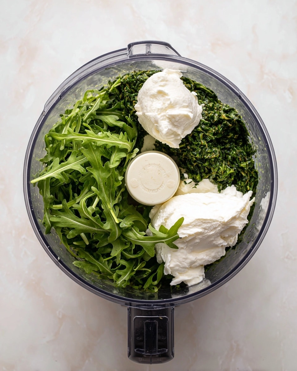 A clear food processor bowl filled with three main layers: at the bottom, dark green chopped leafy herbs; on the left side, whole fresh bright green arugula leaves; and on top of the greens, two dollops of white creamy soft cheese placed near the center, one larger than the other. The food processor sits on a white marbled surface. Photo taken with an iphone --ar 4:5 --v 7