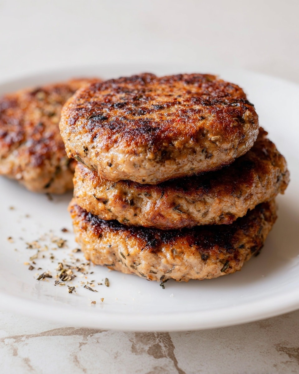 The image shows three cooked patties stacked closely together on a white plate. Each patty is thick and round, with a golden-brown, textured surface that has small crispy and slightly uneven spots. The patties have visible bits of herbs or seasoning baked into the meat, giving them a speckled appearance. Some black pepper and seasoning crumbs are scattered lightly on the plate around the patties. The plate rests on a white marbled surface. photo taken with an iphone --ar 4:5 --v 7