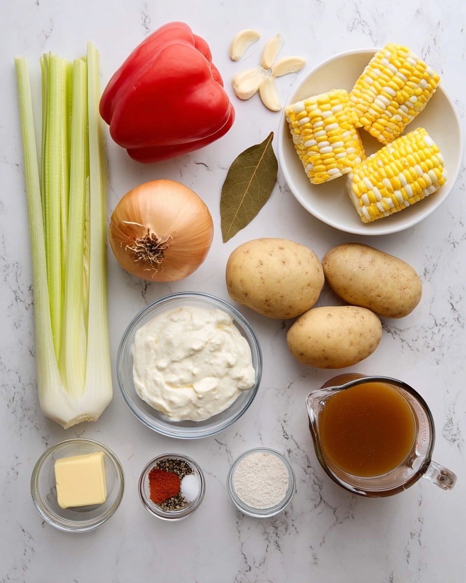 The image shows the ingredients for a dish placed on a white marbled surface. There is a whole red bell pepper on the top left, next to two celery stalks standing upright. Below the celery is a whole yellow onion and three peeled garlic cloves. Above the onion are three whole potatoes with rough beige skin. To the right of the potatoes, there is a dried bay leaf. On the top right, a clear white bowl holds four yellow and white corn cobs cut into halves. Below the corn bowl is a clear glass measuring jug filled with brown broth. Near the center, there is a white bowl with thick creamy white sour cream. Around these, smaller clear bowls hold a square of pale butter, a mix of black and white pepper, a reddish powder (likely paprika), a small amount of olive oil, and white flour. The layout is neat with ingredients spaced evenly, all on the white marbled background. photo taken with an iphone --ar 4:5 --v 7