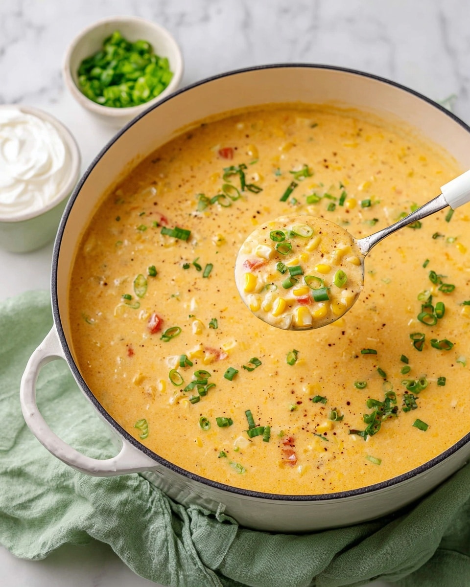 A large white pot filled with creamy yellow soup, showing pieces of corn and small red chunks mixed inside. The top is sprinkled with chopped green onions. A white spoon is lifting a scoop of the thick soup, revealing the same colors and textures. Two small white bowls sit nearby; one contains more chopped green onions, and the other has smooth white sour cream. The pot rests on a soft green cloth, all placed on a white marbled surface. photo taken with an iphone --ar 4:5 --v 7