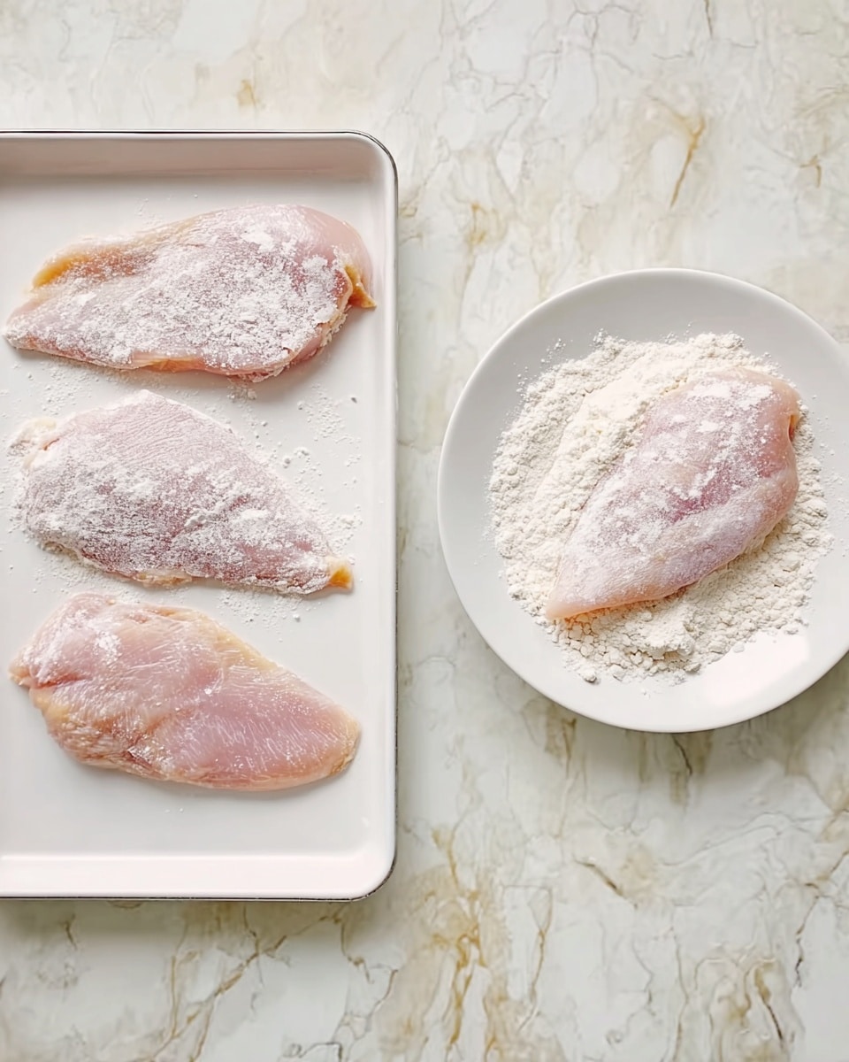 The image shows four thin pieces of raw chicken on a white tray with three of them fully covered in a light layer of white flour and one piece being placed into a white plate filled with flour, partially coated on one side; the chicken pieces are pale pink, slightly shiny, and delicate, and the background has a white marbled texture. photo taken with an iphone --ar 4:5 --v 7