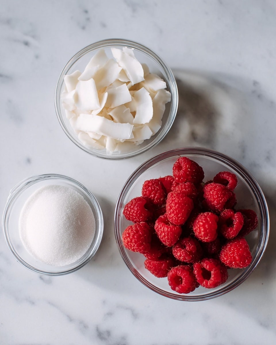 The image shows three clear glass bowls on a white marbled surface, each filled with a different ingredient. The left bowl holds a fine, white granulated ingredient that looks like sugar. The center bowl is filled with fresh, bright red raspberries, each round with a bumpy texture and closely packed to fill the bowl. The right bowl contains three small, irregular pieces of white, solid coconut flesh. The bowls are arranged in a horizontal line, evenly spaced from left to right. Photo taken with an iphone --ar 4:5 --v 7