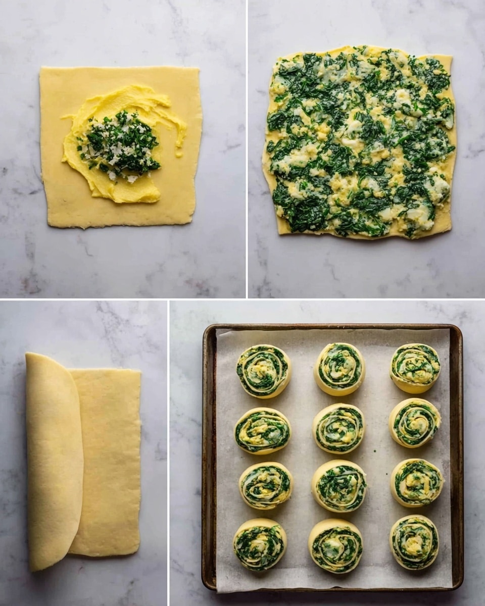 The image shows a step-by-step process of making spinach and cheese rolls on a white marbled surface. The first part has a square layer of pale yellow dough, with a yellow spread and a small pile of green spinach mixed with cheese in the center. Next, the same dough square is fully covered with the spinach and cheese spread, showing a dense green layer with creamy yellow bits across the whole surface. Then, the dough is partially rolled from one side, revealing layers of pale dough and green spinach mixture inside the roll. Lastly, a baking sheet with parchment paper holds twelve small spiral-shaped rolls, each showing green and yellow layers tightly rolled inside a light dough circle. Photo taken with an iphone --ar 4:5 --v 7