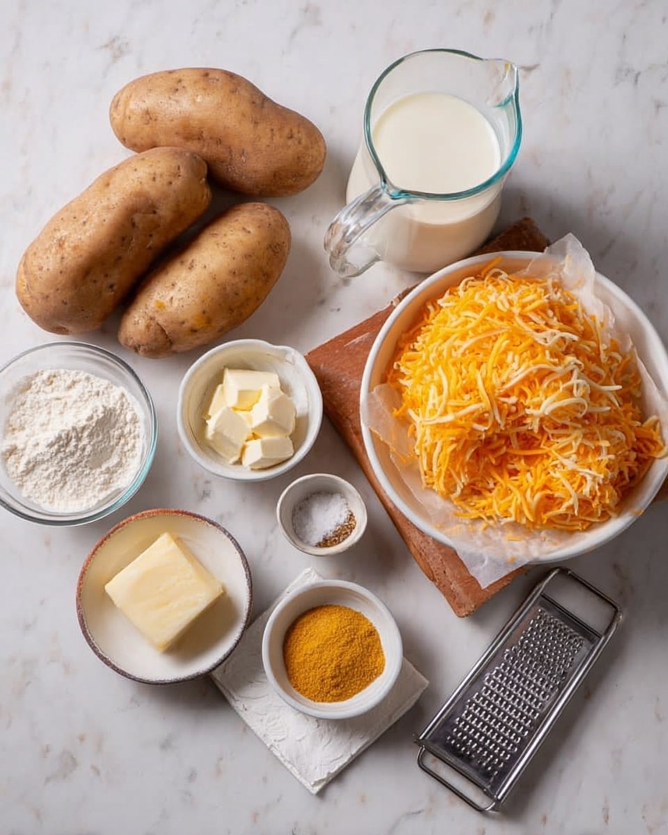 The image shows ingredients arranged neatly on a white marbled surface. There are three whole potatoes placed near the center, with a clear glass measuring cup filled with cream above them. To the right, a white bowl holds a large pile of shredded orange cheese on parchment paper, set on a wooden tray. Around the potatoes, there are small white bowls containing white flour, cubed butter, minced garlic, salt, and ground pepper. A small round white bowl contains yellow powder, and next to it is a metal grater with some grated nutmeg beside it on a white napkin. The scene is well-lit, showing the textures and colors clearly. photo taken with an iphone --ar 4:5 --v 7
