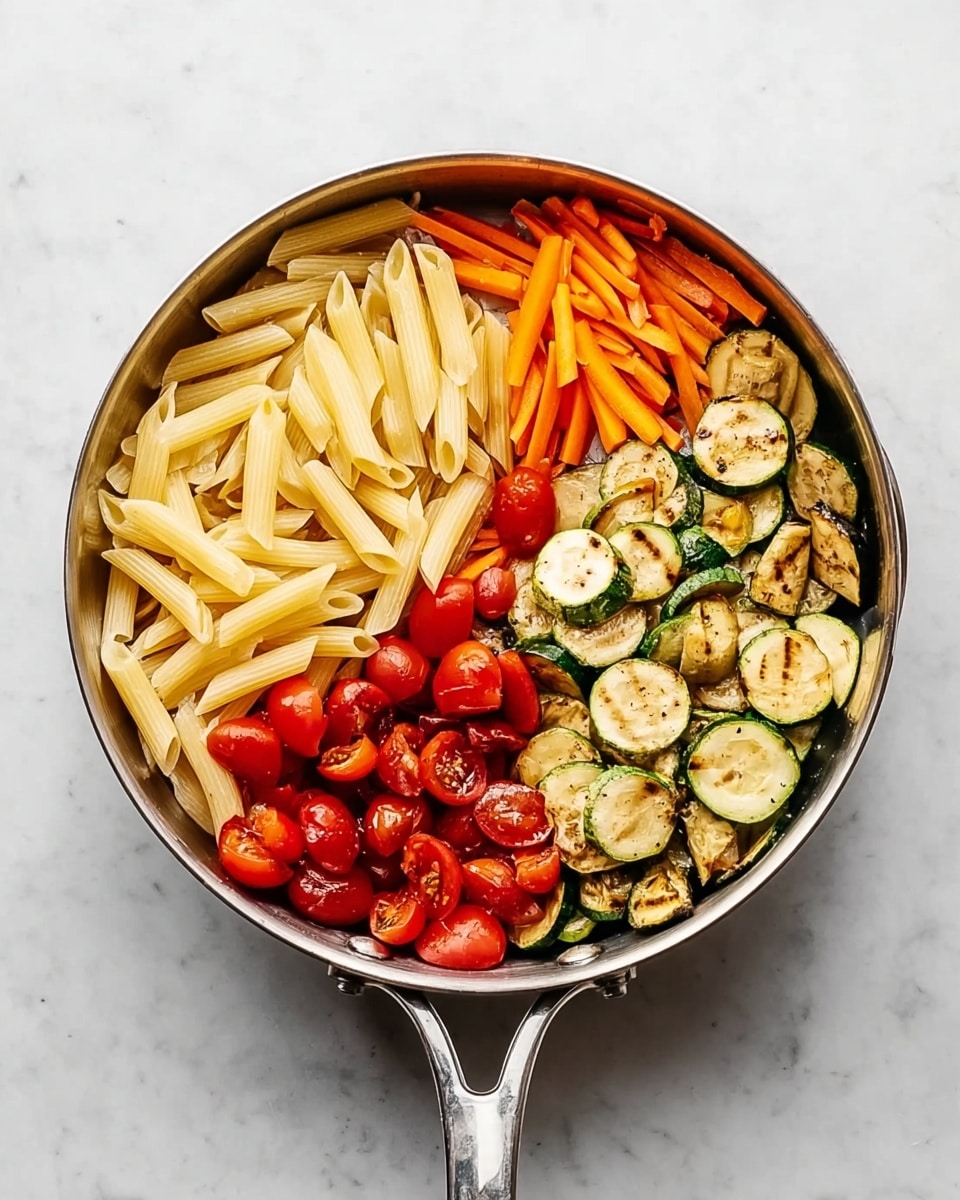A top-down view of a round metal pan on a white marbled surface, filled with four distinct sections of food arranged side by side. The first section has pale yellow penne pasta with a smooth texture. Next to it is a small pile of thin orange carrot strips. Beside the carrots are bright red cherry tomatoes, some whole and some halved, showing juicy seeds inside. The final section contains light brown and green grilled zucchini slices with a slightly charred texture. The pan handle is visible on the right side. Photo taken with an iphone --ar 4:5 --v 7