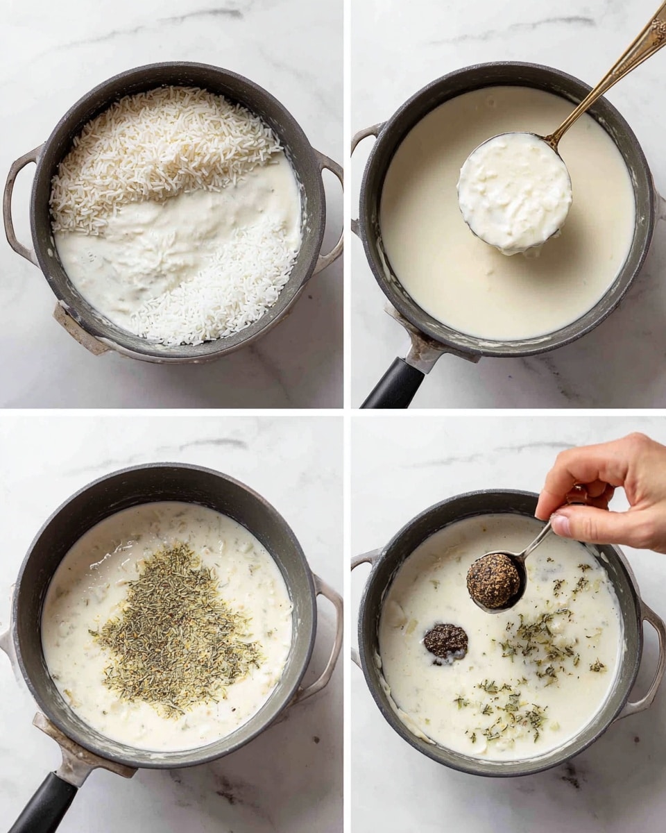 Four images show steps of making a creamy white soup in a black pot on a white marbled surface. In the first image, a layer of thick white cream fills the pot with a pile of white rice added on one side. The second image shows the pot filled with smooth white liquid soup, and a ladle lifting up a scoop of the thick mixture with some lumpy bits. The third image captures a woman's hand dropping a dark brown spice ball into the pot, which already contains white liquid, chopped garlic, and green dried herbs spread on top. The fourth image shows the soup now mixed with tiny green herb flakes dispersed throughout, with two dark brown spice balls floating inside, and a ladle lifting one partially bathed in the creamy white broth. photo taken with an iphone --ar 4:5 --v 7