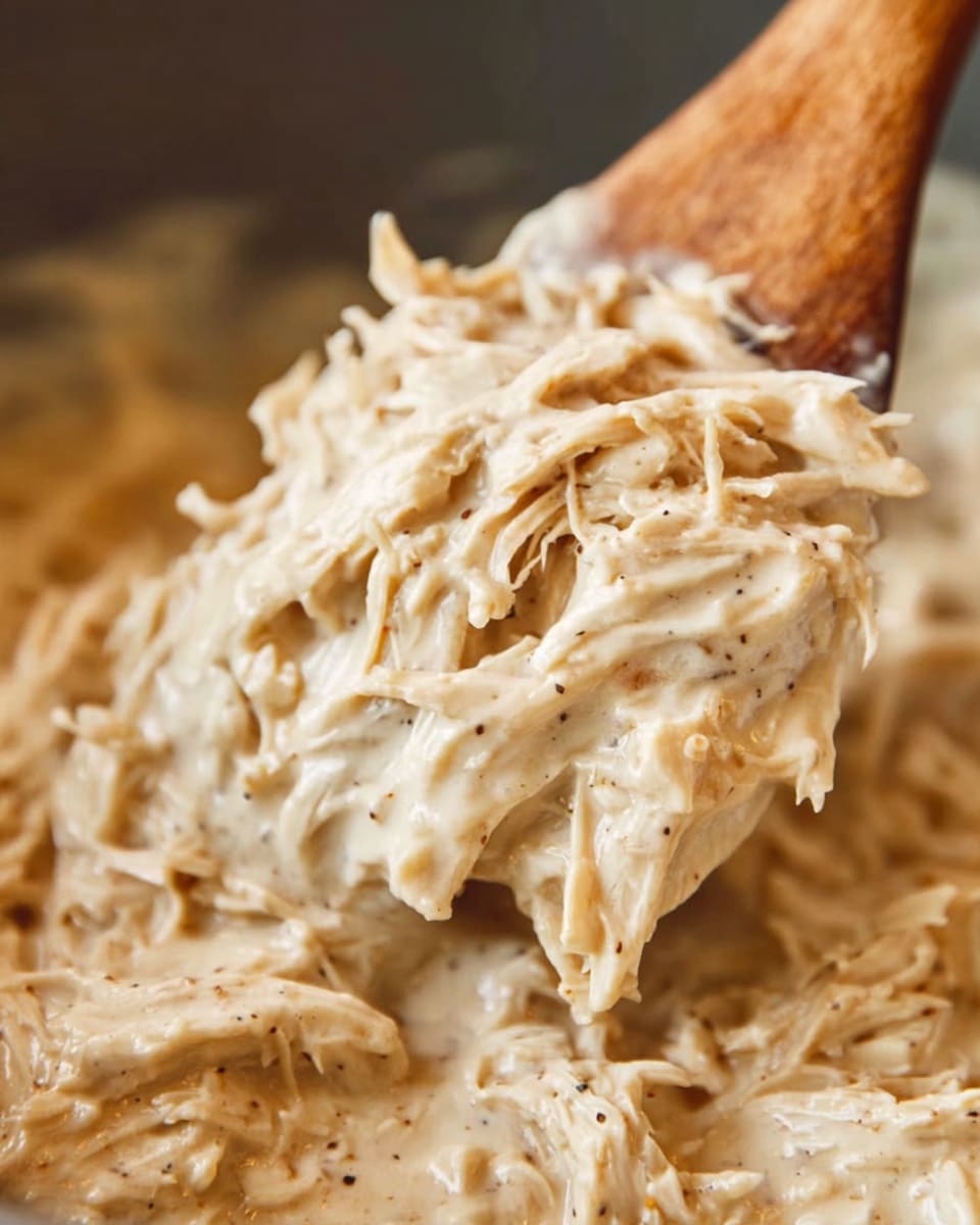 A close-up of a wooden spatula lifting shredded chicken mixed in a creamy, light beige sauce with visible black pepper specks. The chicken strands are soft and coated well with the smooth sauce, showing a rich and thick texture. The background is blurred but shows more of the same creamy chicken in a white marbled surface setting. photo taken with an iphone --ar 4:5 --v 7