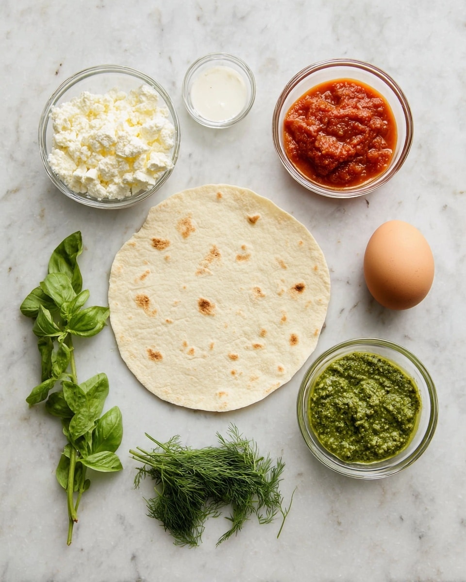 The image shows a flat round tortilla at the center on a white marbled surface, surrounded by seven small glass bowls and fresh herbs. There are two bowls with white cheese, one with pesto sauce that is bright green and textured, one with red tomato sauce, one with a whole brown egg, and fresh green basil leaves and dill sprigs. Each bowl is clear and smooth, and all items are neatly arranged around the tortilla in a balanced circle. Photo taken with an iphone --ar 4:5 --v 7
