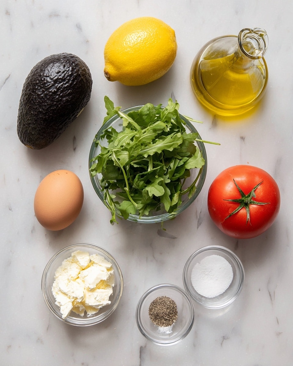 The image shows several ingredients neatly placed on a white marbled surface. There is a whole avocado with dark green, almost black skin, a bright yellow lemon, and a red tomato with a green stem. A small glass bowl in the center holds fresh green arugula leaves. Around it, there are small clear glass bowls containing two brown eggs, some white cheese crumbles, a tiny bit of white powder, and a mixture of salt and pepper. Off to the top right is a small clear glass bottle filled with golden olive oil. All items are spread out clearly with good spacing photo taken with an iphone --ar 4:5 --v 7