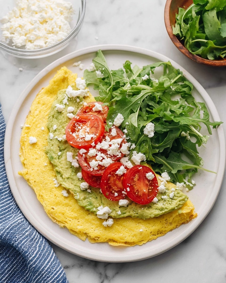 A white plate holds a thin yellow omelet as the base layer, topped evenly with a smooth, light green avocado spread covering half the surface. On one side of the plate, fresh dark green arugula leaves form a small pile, layered with four red tomato slices placed neatly on top. White crumbled cheese is scattered generously over the tomatoes and arugula, adding texture and contrast. In the background, a small clear bowl with more white cheese is visible on a white marbled surface along with a bowl of fresh green leaves. A blue and white striped cloth peeks from the left edge. photo taken with an iphone --ar 4:5 --v 7