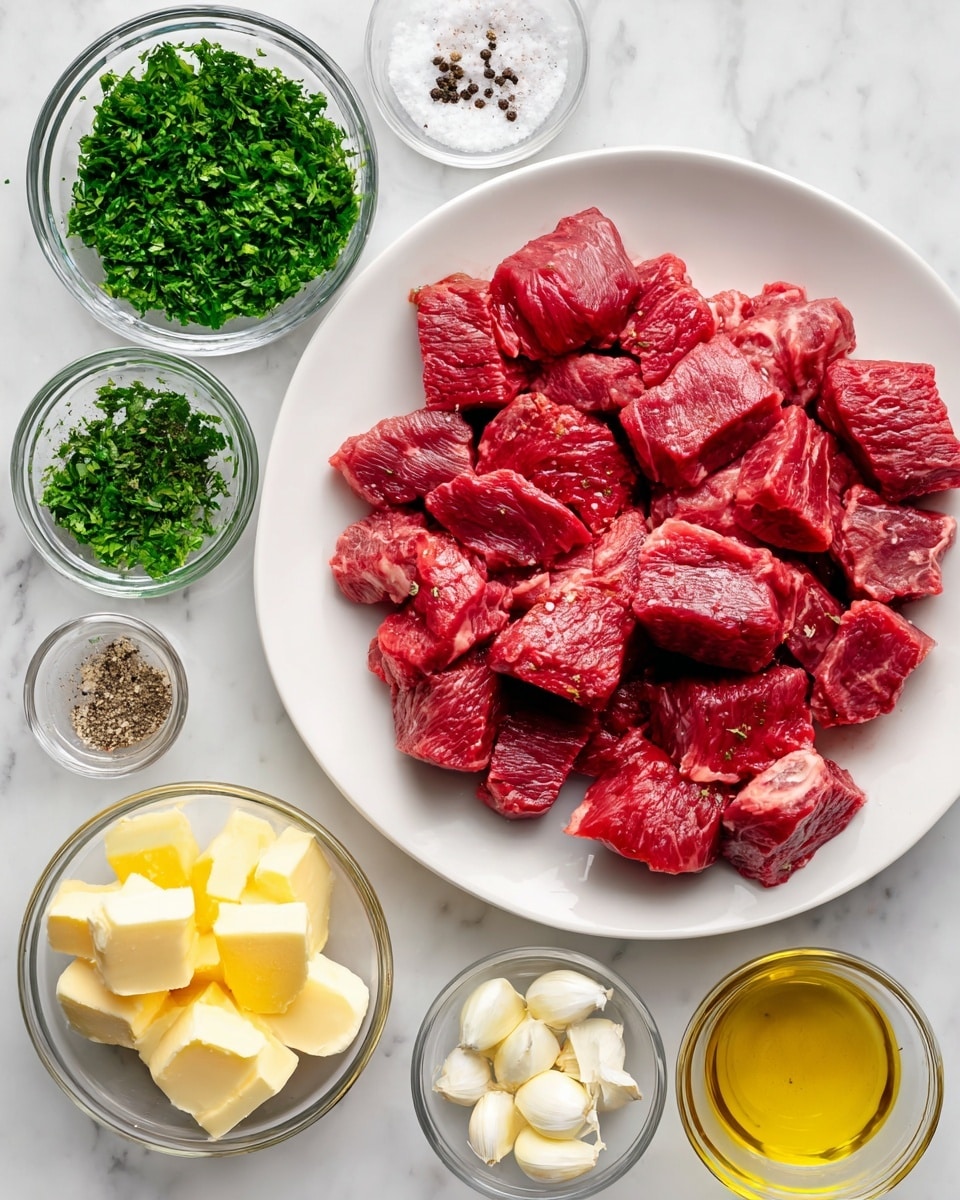 The image shows a white plate full of bright red chunks of fresh raw steak with some fat patches on them. Around the plate, there are small clear glass bowls holding finely chopped green parsley, yellow butter slices, small pieces of white garlic, golden oil, and a mix of white salt and black pepper. The items are set on a white marbled background. The arrangement is clean and bright, highlighting the rich colors and freshness of the ingredients photo taken with an iphone --ar 4:5 --v 7