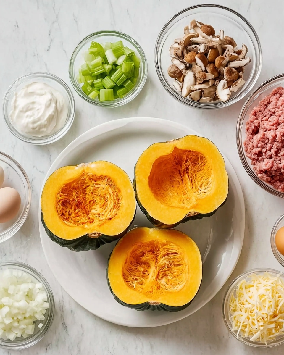 The image shows three acorn squashes on a white plate, each cut in half to reveal their bright orange insides with a smooth texture, positioned at the center of a white marbled surface. Surrounding the plate are transparent glass bowls with various ingredients: at the top left, chopped green celery; near it, thick white sour cream; to the right, a bowl of raw ground meat with a coarse texture; below that, finely chopped brown mushrooms; a single white egg placed next to the mushrooms; at the bottom left, chopped white onions; and lastly, shredded pale yellow cheese. The arrangement is neat and all bowls are transparent, showing the textures clearly. photo taken with an iphone --ar 4:5 --v 7