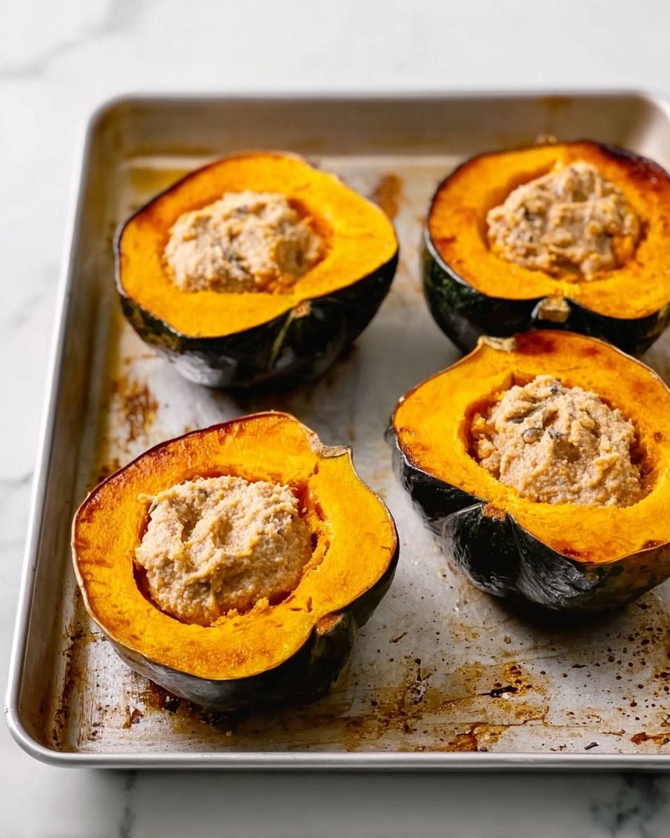 The image shows four pieces of orange pumpkin halves baked on a silver metal tray. Each pumpkin half is hollowed out and filled with a light brown creamy mixture that looks soft and textured with bits of white, spread thickly inside the pumpkin's hollow part. The pumpkins have dark orange flesh with a slightly charred edge near the skin, and the skin around each piece is dark green and smooth. The tray has some brown marks and spots from baking, resting on a white marbled surface. photo taken with an iphone --ar 4:5 --v 7