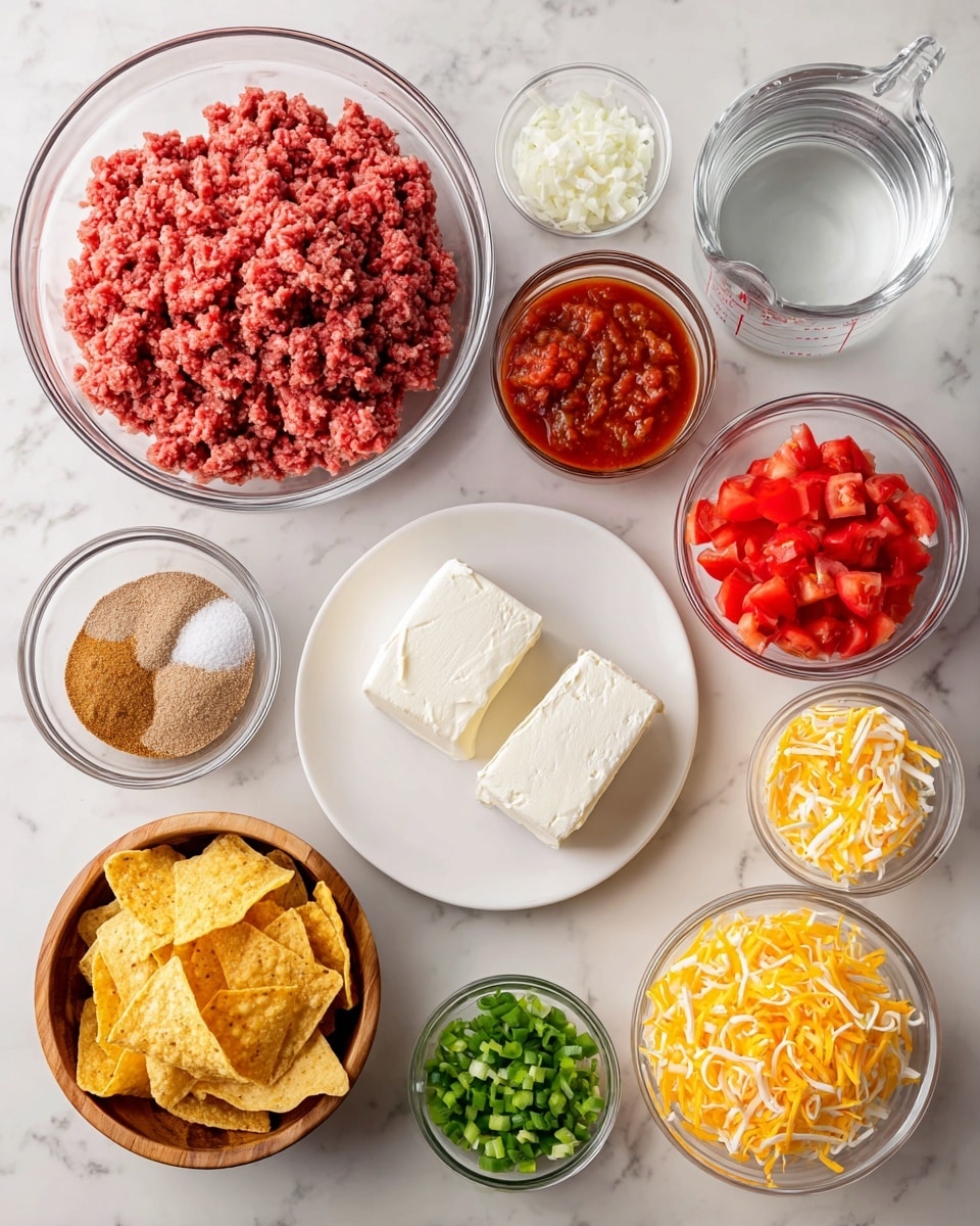 The image shows nine small dishes with different food ingredients arranged on a white marbled surface. At the center top is a large clear glass bowl filled with raw ground beef, showing a mix of red and pink textures. To its right is a clear measuring cup with water, and below it is a white plate holding two blocks of cream cheese with a smooth, slightly crumbly white texture. On the left of the beef bowl is a medium clear glass bowl of chunky red salsa. Below the salsa is a small clear glass bowl with light brown taco seasoning powder. At the bottom left is a wooden bowl filled with yellowish tortilla chips that have rough edges. Next to it, a medium clear glass bowl holds shredded bright yellow cheddar cheese, soft and slightly stringy. To the right of the cheese is a small clear glass bowl with chopped green onions showing bright green and white pieces. Finally, below the green onions is another small clear glass bowl with diced roma tomatoes, deep red and juicy. Photo taken with an iphone --ar 4:5 --v 7