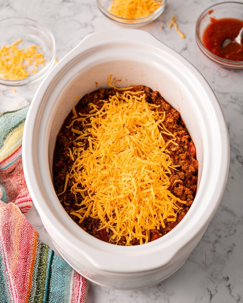 Inside a white slow cooker, there are two visible layers: the bottom layer is a dark, crumbly cooked ground meat with bits of tomato sauce mixed in, and the top layer is a generous amount of bright orange shredded cheese scattered evenly over the meat. The slow cooker rests on a white marbled surface, with a colorful striped cloth nearby and two glass bowls—one containing some leftover sauce and the other with a few cheese shreds—placed around the cooker. Photo taken with an iphone --ar 4:5 --v 7