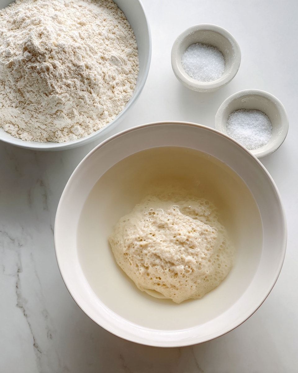 A large white bowl sits on a white marbled surface, filled with clear water and a beige, bubbly scoop of ripe levain floating on top in the center. Behind the bowl are two smaller white bowls; one full of off-white bread flour with a rough, powdery texture and the other containing fine, white salt. The setup is simple and clean, focusing on the raw ingredients before mixing. Photo taken with an iphone --ar 4:5 --v 7