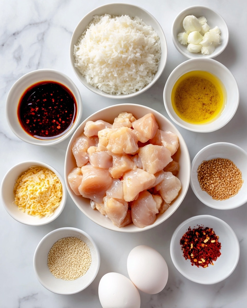 The image shows a top view of several white bowls and dishes arranged neatly on a white marbled surface. In the center, there is a large white bowl filled with raw, cubed chicken pieces, pale pink with a slight shine. Surrounding it are smaller white bowls and dishes: one with white cooked rice having a fluffy texture, one with a dark, glossy BBQ sauce, one with yellowish crumbled powder, one with light yellow oil, one with small pale sesame seeds, one with a mix of red chili flakes, garlic powder, and another yellow spice, and two white eggs placed near the bottom edges. The items are cleanly arranged with clear separation between each bowl. Photo taken with an iphone --ar 4:5 --v 7
