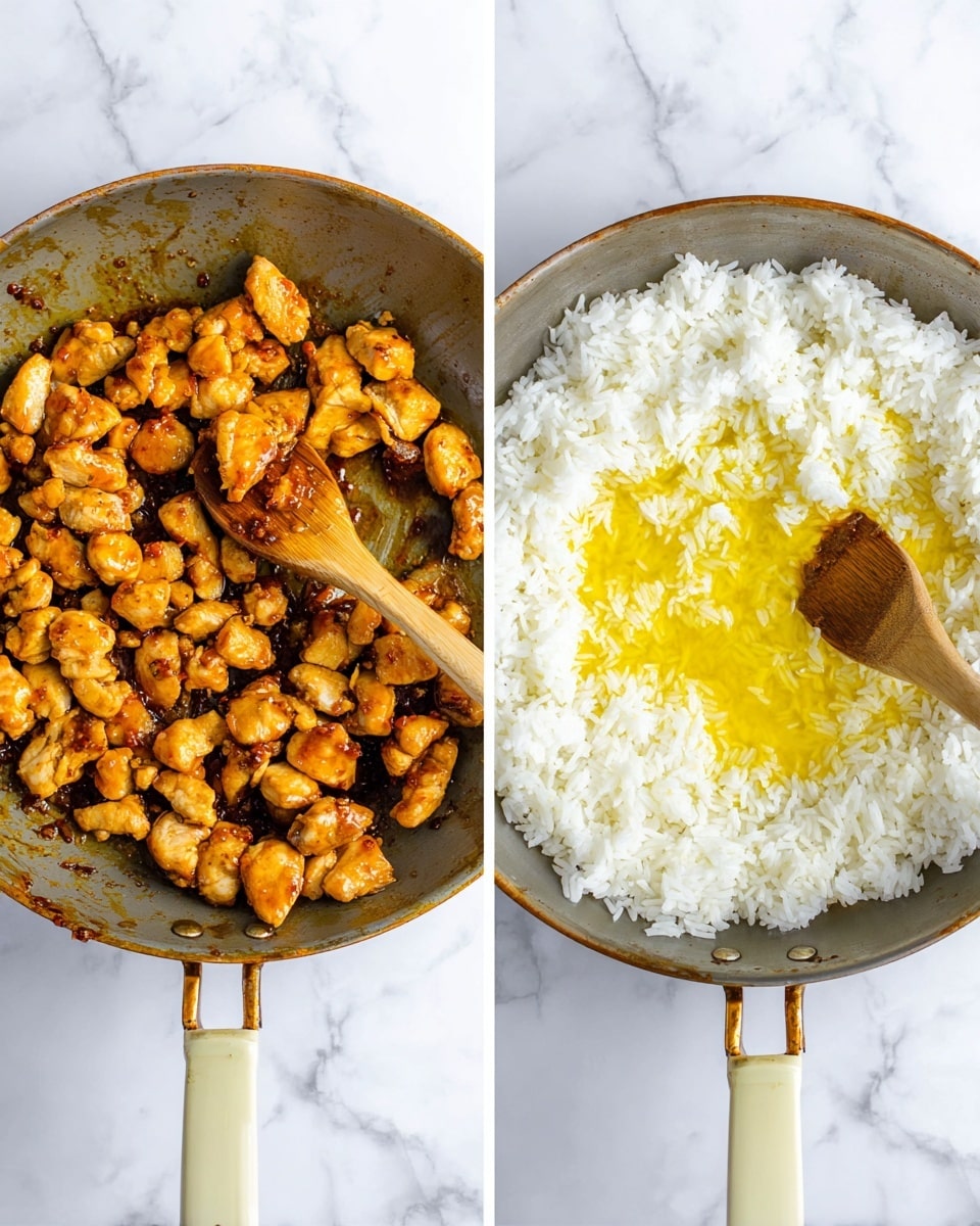 The image shows two frying pans on a white marbled surface. The pan on the left contains small, golden-brown pieces of cooked chicken with a slight glossy texture from the sauce, scattered unevenly with a wooden spatula resting inside. The pan on the right has a layer of white rice along the edges with a pool of yellow melted butter or oil in the center, creating a contrast between the fluffy rice and smooth liquid. Both pans have metal bodies and a light-colored handle. Photo taken with an iphone --ar 4:5 --v 7