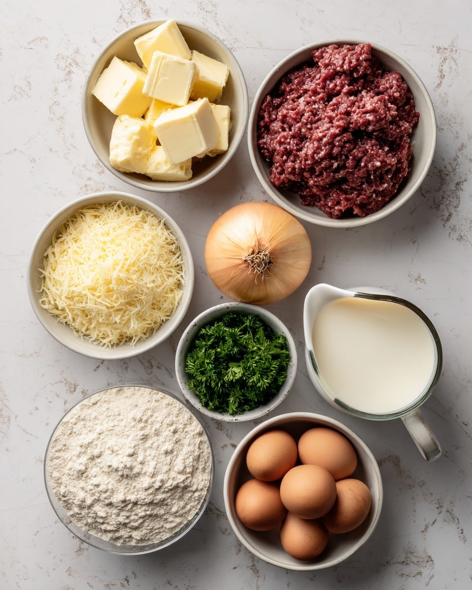 A top view image shows eight separate white bowls and jars arranged on a white marbled surface in a loose grid. The top left bowl holds large pale yellow butter chunks with melted butter on top. To its right is a bowl filled with raw ground beef, deep red with some texture. Below the butter is a bowl with light yellow grated cheese. The middle center bowl holds a whole, unpeeled onion with a dry outer skin. Next to it on the right is a small white jug filled with cream. Below the onion is a small bowl of white flour with a fine texture. Bottom left is a glass mug filled with milk. Next to it on the right is a small bowl holding fresh bright green parsley leaves. The bottom right white bowl contains four brown eggs. The photo taken with an iphone --ar 4:5 --v 7