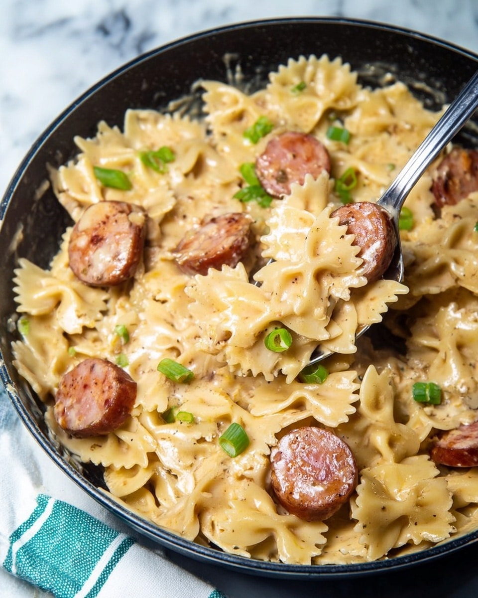 This image shows a black pan filled with bowtie pasta coated in a creamy, light beige sauce. On top, there are several round slices of browned sausage with a slight reddish color. Small pieces of chopped green onions are scattered throughout the pasta, adding touches of green. A silver spoon lifts a portion of the pasta and sausage, showing the smooth texture of the sauce clinging to the layers of pasta and sausage pieces. The pan sits on a white marbled surface with part of a towel showing blue and green stripes underneath. Photo taken with an iphone --ar 4:5 --v 7