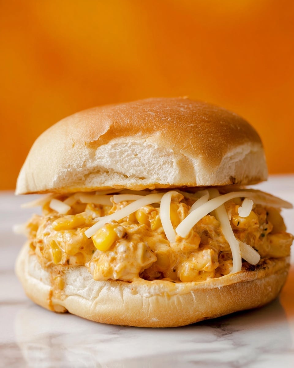 A sandwich with a soft, light brown bun on top and bottom, with some wrinkles on the top bun. The filling shows a mixture of small, creamy chunks in a light orange sauce, mixed with bright yellow corn kernels and thin, white melted cheese strands scattered on top. The sandwich sits on a white surface with a white marbled texture, and the background is a warm orange color. photo taken with an iphone --ar 4:5 --v 7