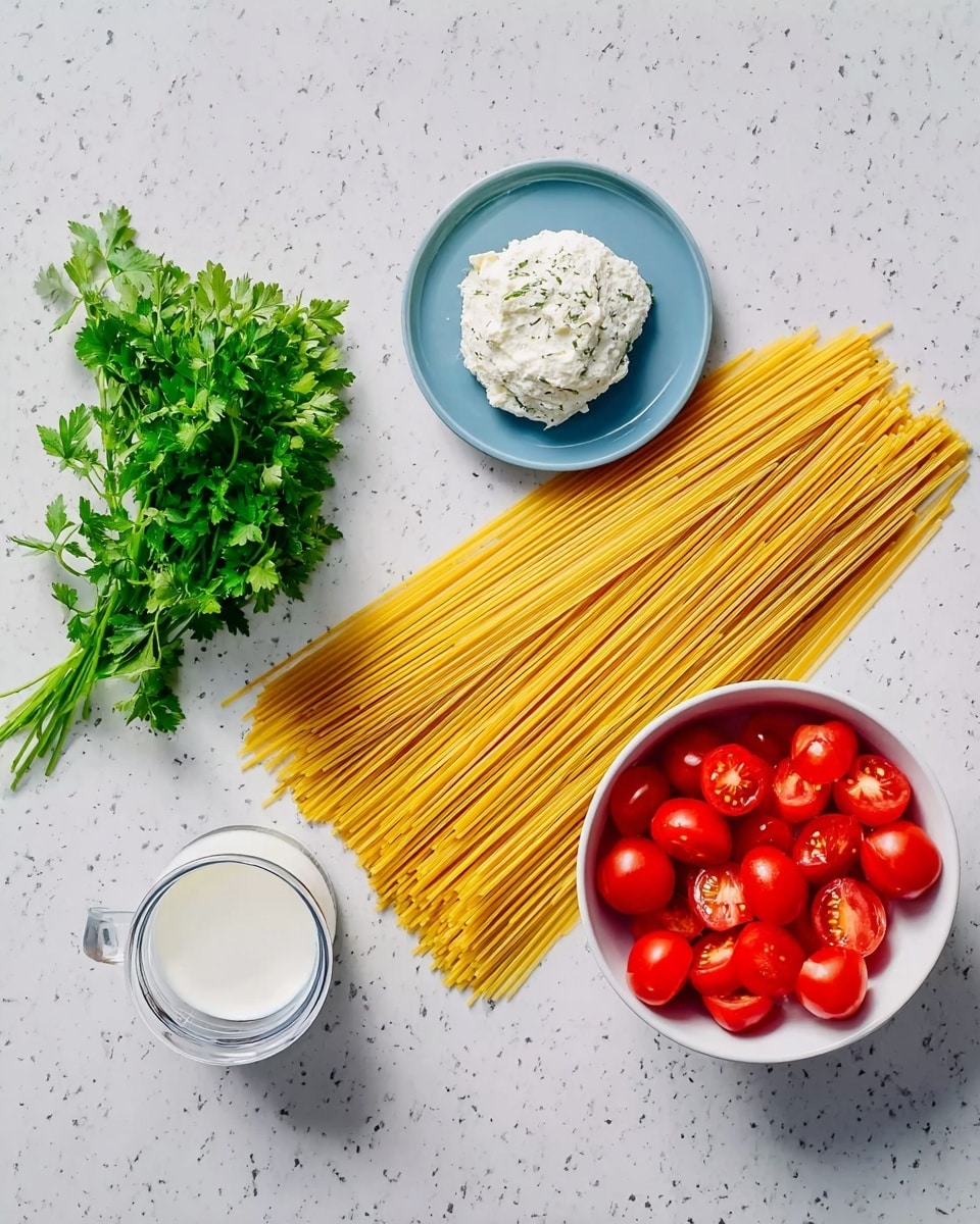 A bundle of long, dry yellow spaghetti lies flat on a white marbled surface. To the left of the spaghetti is a small bunch of fresh green parsley. Above the parsley, on a small blue plate, is a round scoop of soft white cheese with some green herb flecks. To the right of the spaghetti, there is a white bowl filled with bright red halved cherry tomatoes. Below the bowl and spaghetti, there is a clear glass measuring cup containing a white liquid. The scene is bright and clean, with all objects neatly arranged. photo taken with an iphone --ar 4:5 --v 7