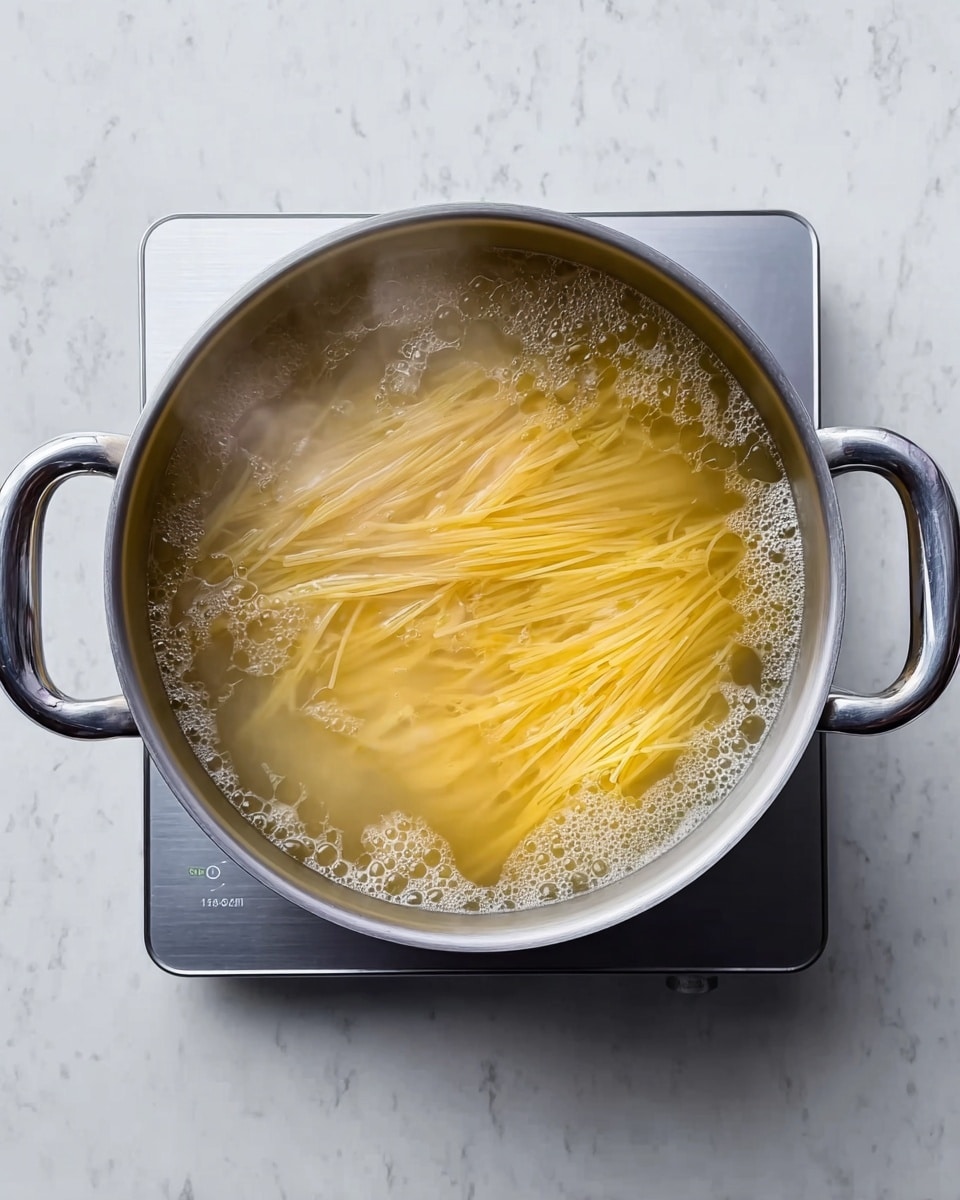 A top-down view of a pot placed on a silver electric stove, filled with boiling water and long thin yellow pasta inside. The pot has two metal handles on each side and is centered on a white marbled surface. The water is bubbling gently with steam rising from it, slightly blurring the pasta strands beneath. The pot's inner sides show condensation from the heat. photo taken with an iphone --ar 4:5 --v 7