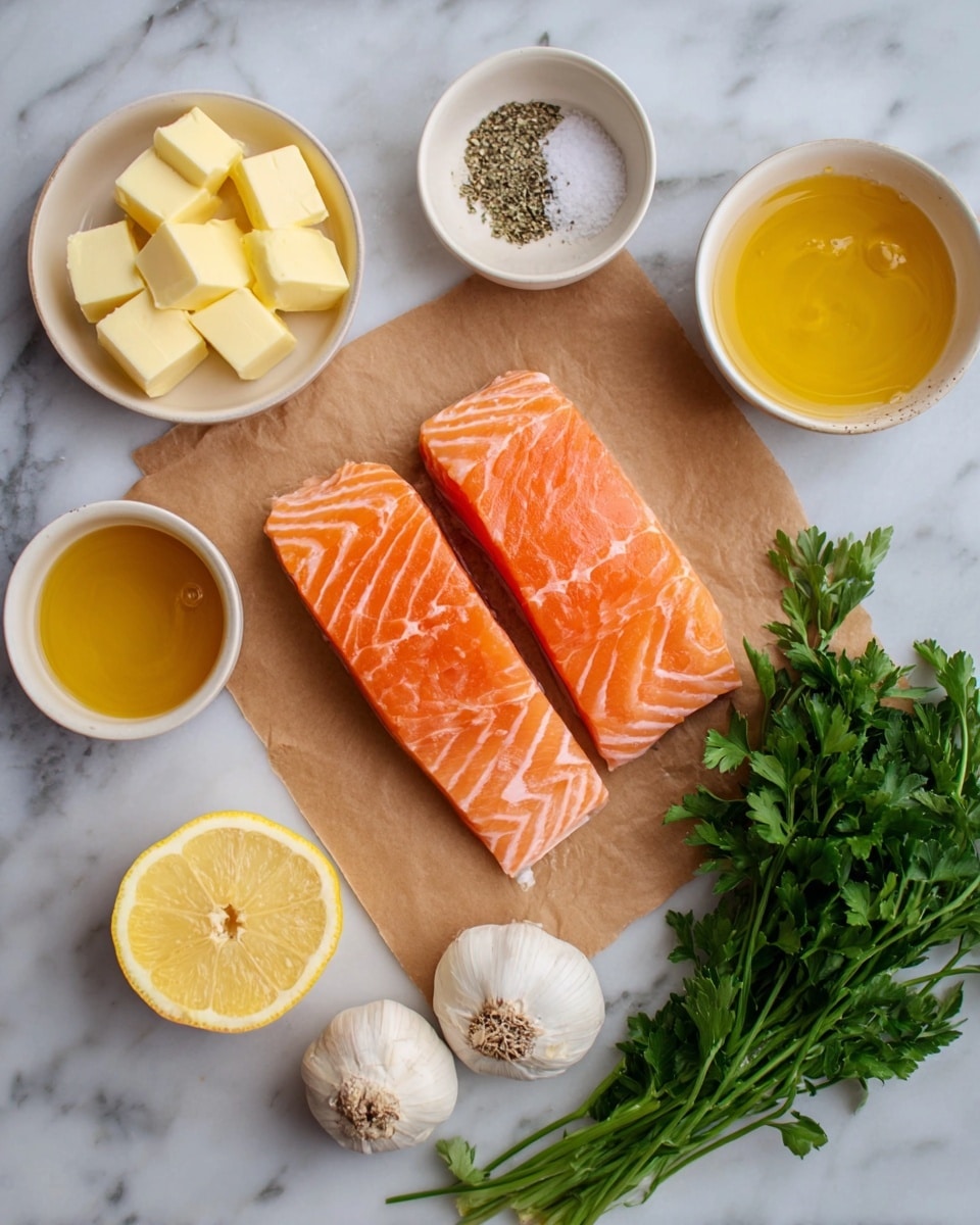 Two raw salmon fillets with bright orange and light pink stripes lay side by side on a piece of brown parchment paper in the center of the image. Surrounding the salmon are small white ceramic bowls containing pale yellow butter cubes, golden olive oil, amber honey, and a mix of coarse white salt and black pepper. There are also two whole white garlic bulbs, a half lemon showing its bright yellow flesh, and a small bunch of fresh green parsley with detailed leaves. All items are arranged neatly on a white marbled surface. Photo taken with an iphone --ar 4:5 --v 7