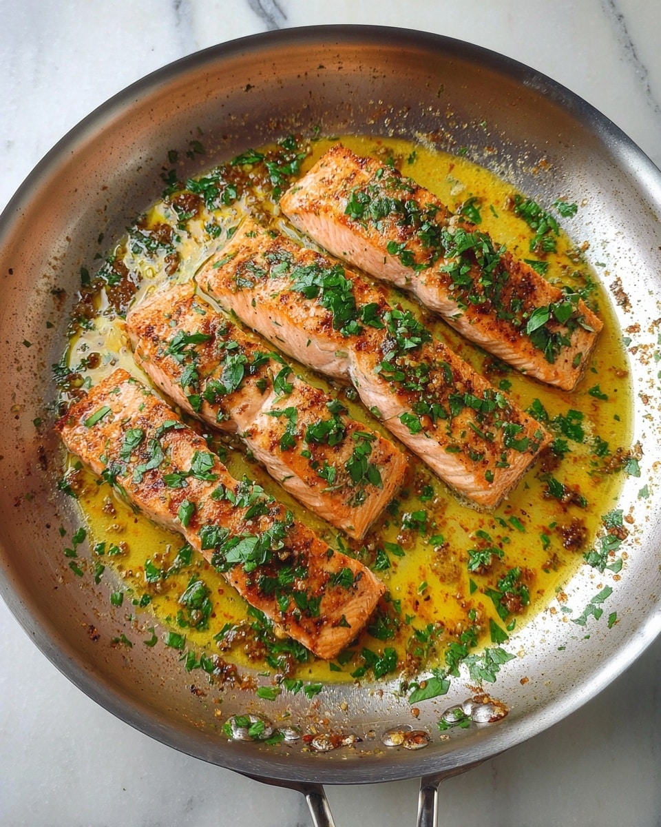 Four pink-orange cooked salmon fillets with crispy golden brown edges lie in a shiny silver frying pan. The fillets are sprinkled with bright green chopped herbs. The pan is filled with a golden yellow sauce mixed with brown bits of seasoning. The pan handle is visible, resting on a white marbled surface. Photo taken with an iphone --ar 4:5 --v 7