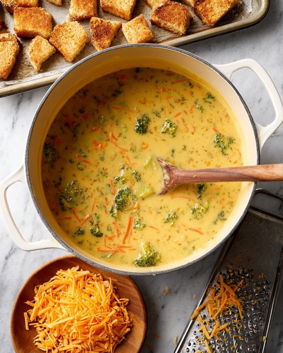 A large pot filled with creamy yellow soup mixed with small green broccoli florets and thin orange carrot strips, with a wooden spoon stirring the soup inside the pot. Above the pot, there is a baking tray covered with uneven pieces of golden toasted bread. Below the pot, a wooden plate holds shredded orange cheese and a box grater leaning against it. All items are set on a white marbled surface. photo taken with an iphone --ar 4:5 --v 7
