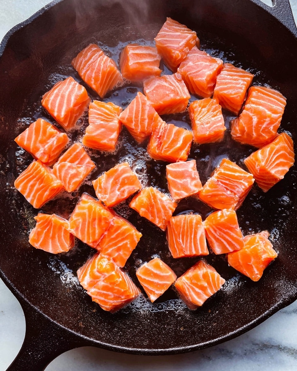 The image shows a black cast iron pan filled with small pieces of raw salmon being cooked. There are about 30 pieces, all bright orange with white lines running through them. The salmon pieces are arranged loosely, covering the bottom of the pan, with some pieces showing their smooth, shiny texture while others show the softer inside. Slight steam rises from the pan, and oil glistens around the fish pieces, highlighting the cooking process. The pan has a rough, black texture and a handle visible on the left side. The background is a white marbled texture photo taken with an iphone --ar 4:5 --v 7
