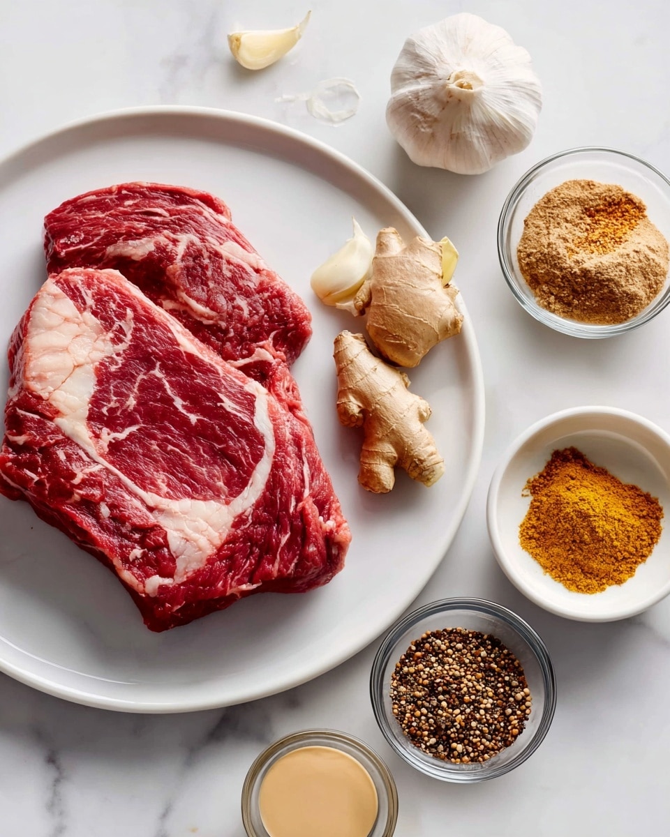 A white plate holds a thick slice of raw beef chuck with visible white marbling. Nearby on the white marbled surface are a whole bulb of garlic, a small white bowl filled with mixed spices in brown, yellow, and red shades, a piece of ginger with a light tan color, and small clear bowls containing smooth pastes and liquids in beige and transparent tones. The background is a clean white marble texture. photo taken with an iphone --ar 4:5 --v 7