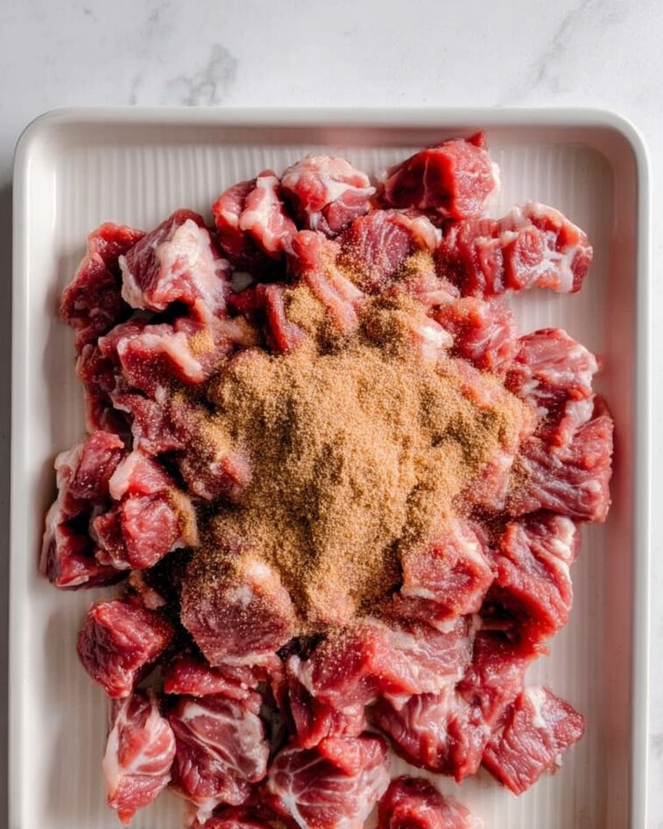 A white textured tray filled with small pieces of raw red meat scattered all over, with a pile of light brown seasoning powder placed unevenly in the center on top of the meat. The surface beneath the tray is a white marbled texture. The meat pieces show a mix of red and white fat, adding some variation in color and texture. Photo taken with an iphone --ar 4:5 --v 7