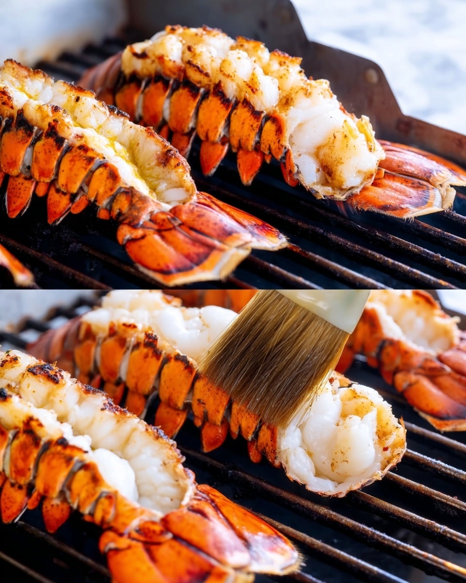 The image shows several grilled lobster tails on white grill racks with dark grates. Each lobster tail is split open with bright orange shells and white meat inside, showing grill marks and slight charring. In the close-up, a brush with dark bristles held by a woman's hand is brushing oil or sauce onto the white, tender lobster meat. The background has a white marbled texture faintly visible around the edges. photo taken with an iphone --ar 4:5 --v 7