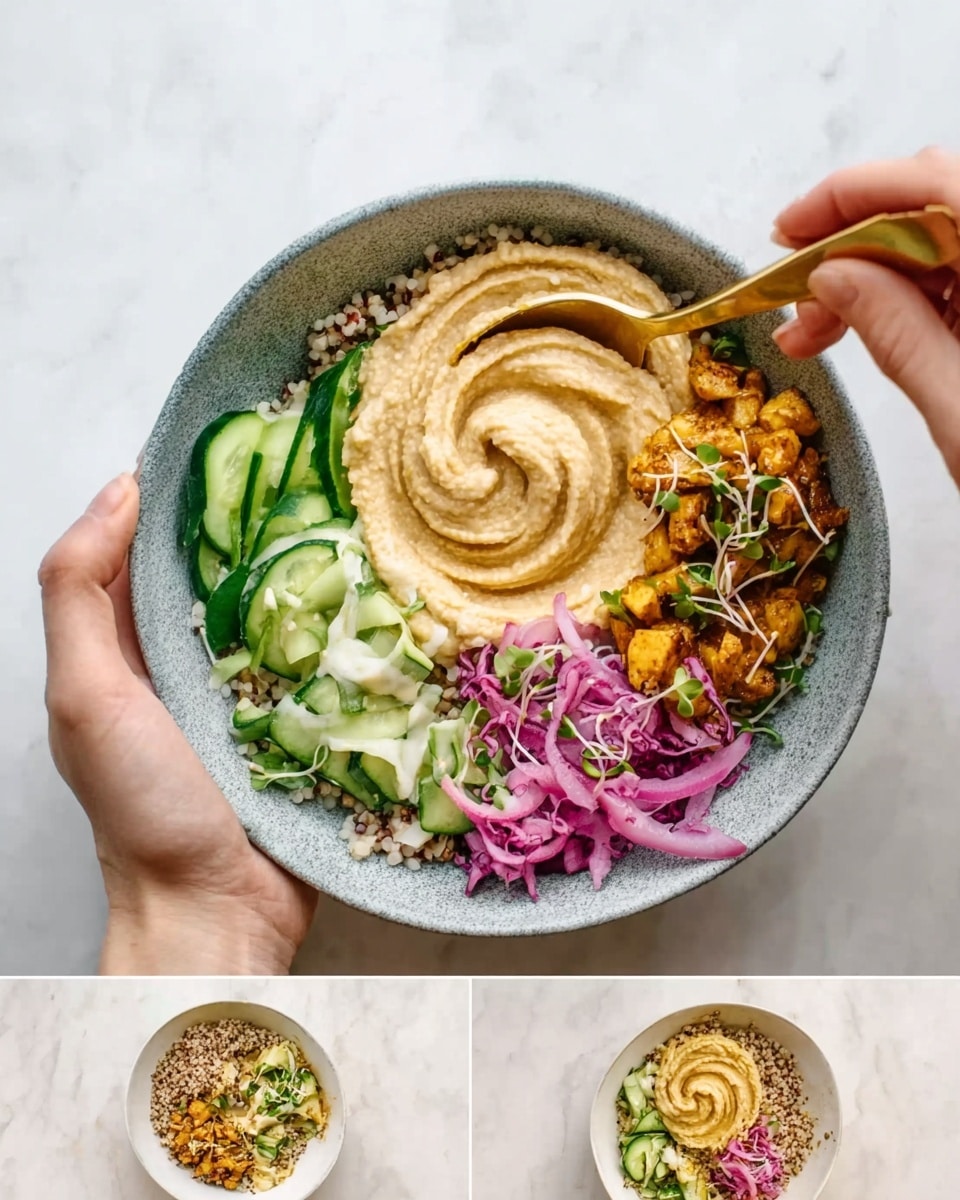 The first image shows a grey bowl with a smooth layer of creamy, light beige spread shaped in a swirl, placed on a white marbled surface. A woman's hand holds a silver spoon, spreading the beige mixture across the bowl's inside. The second image displays a white bowl filled with several layers: at the bottom, a tan grain base; topped with bright green cucumber slices on the left, thin shreds of pale green cabbage on the left edge, a few pieces of golden-brown cooked protein in the center, and a dollop of white creamy sauce on the right side. A gold spoon rests inside the bowl, and a woman's hand steadies the bowl. The background is a white marbled texture. The third image features a white bowl filled with layers that include an orange-tinted creamy sauce covering bite-sized pieces of browned protein in the center, purple shredded cabbage on the right edge, small quinoa grains spread under everything, green cucumber slices on the bottom left, light pink pickled onions scattered on top, and some microgreens sprinkled around. A gold spoon is inside the bowl, with a white marbled background. photo taken with an iphone --ar 4:5 --v 7