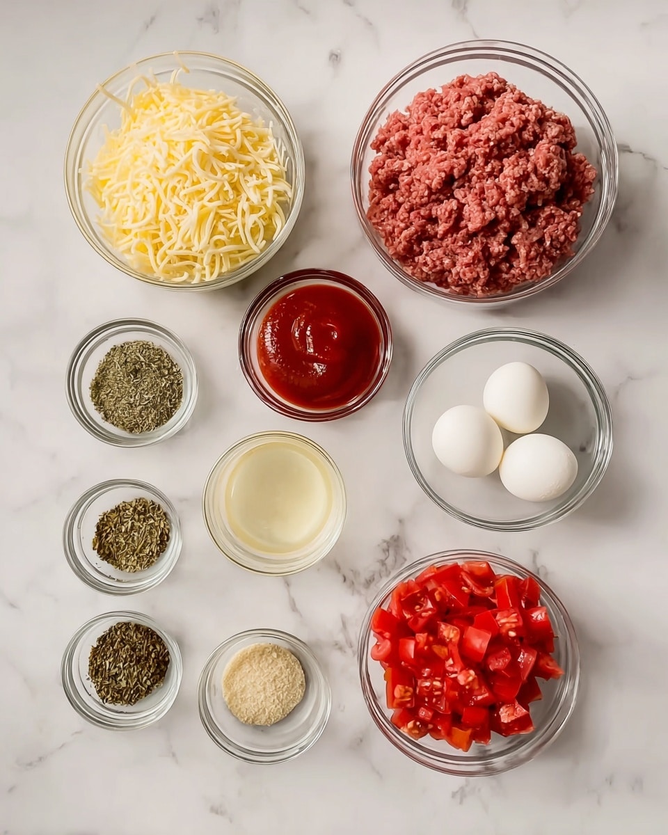 The image shows nine glass bowls arranged on a white marbled surface. In the top row, there is a large bowl filled with grated cheese on the left and a large bowl of raw ground meat on the right. Below them are two smaller bowls; one contains ketchup and the other has two white eggs in clear water. On the sides, there are four small bowls: three with different dried herbs, all green or brownish, and one with a light beige powder. Near the center-bottom is a bowl with red diced tomatoes. The arrangement is clean and clear with simple colors and textures. photo taken with an iphone --ar 4:5 --v 7