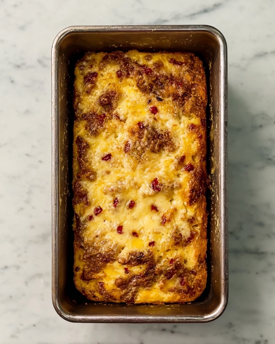 A rectangular baked dish in a metal loaf pan showing a top layer with a mixture of golden brown and light yellow colors, with small scattered red spots throughout. The surface looks slightly rough with a textured, uneven mix of cooked ingredients, showing some darker browned areas and lighter creamy parts. The pan sits on a white marbled surface. Photo taken with an iphone --ar 4:5 --v 7