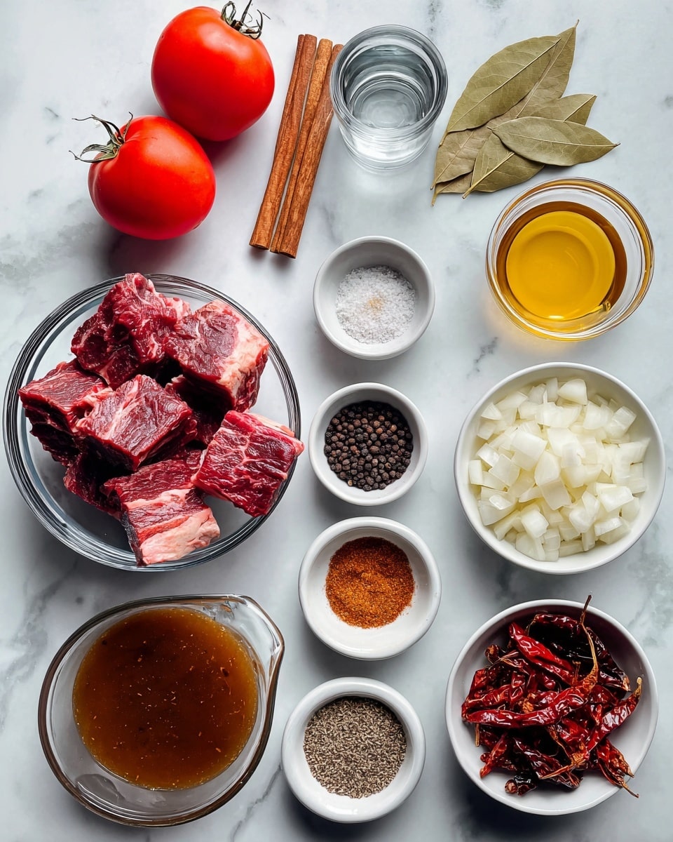 The image shows various ingredients neatly arranged on a white marbled surface. In the center-left, there is a clear bowl filled with several large pieces of raw beef chuck roast, showing a mix of deep red meat and white fat. Above it are two whole, red tomatoes and a cinnamon stick lying horizontally. To the right, a small white bowl holds three bay leaves, with another white bowl nearby containing yellow oil. A transparent glass cup with a clear liquid, likely vinegar, is above the oil. A white bowl half-filled with diced white onion sits to the right next to a smaller white bowl with peeled garlic cloves. Below the garlic is a brown-rimmed white bowl with black peppercorns. In the center, two small white dishes contain salt and pepper in one, and various ground spices in the other. At the bottom, a clear measuring cup holds brown broth, and next to it, a clear bowl is filled with a mix of dried chiles in dark red and deep brown tones, accented with small bright red dried chiles on top. Photo taken with an iphone --ar 4:5 --v 7