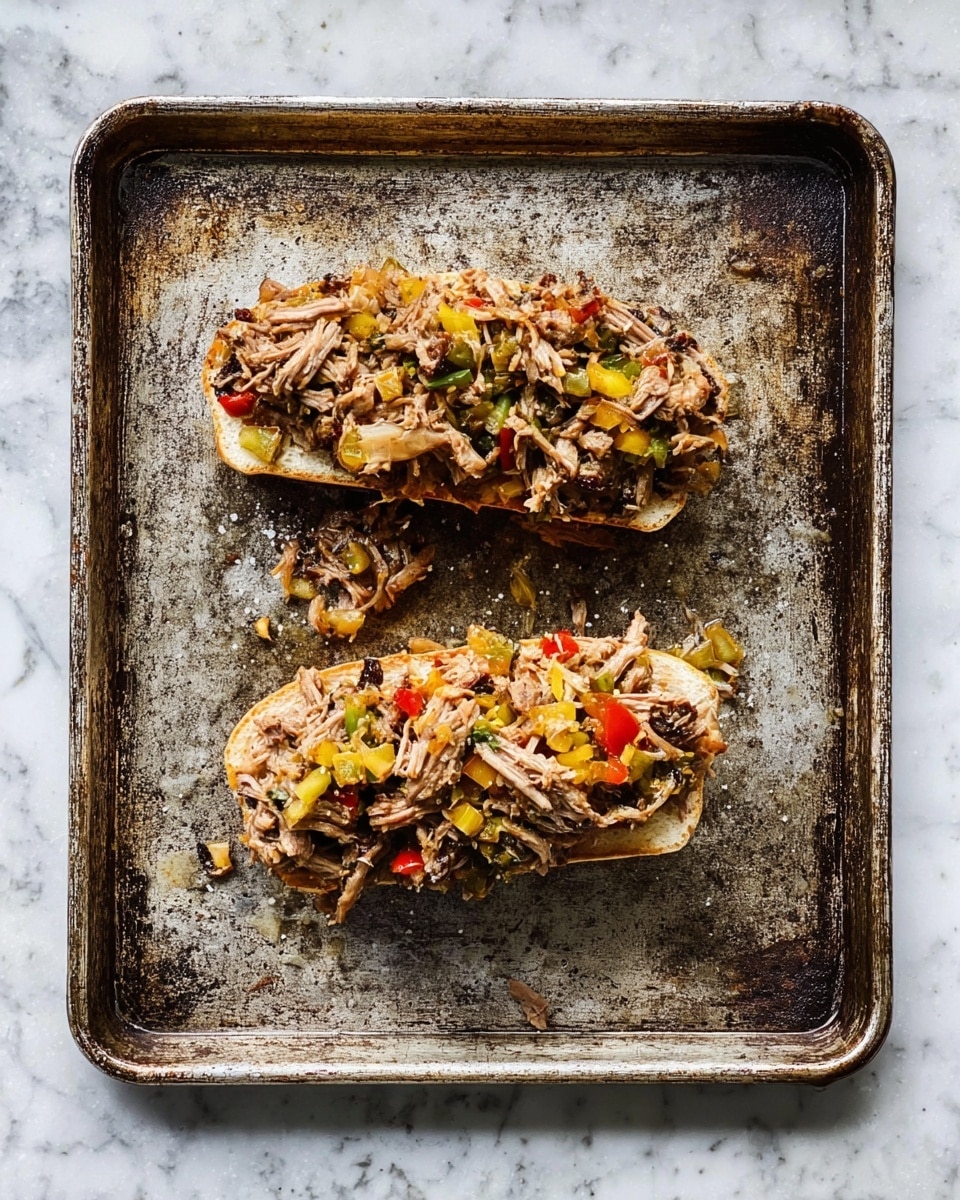 Two open sandwiches are on a worn metal baking tray. Each sandwich has a white bread base topped with a large, uneven layer of shredded meat mixed with small pieces of yellow and red vegetables. The meat looks tender and moist, with a brownish color and soft texture. The tray is placed on a white marbled surface, and the overall scene has a casual, rustic feeling. Photo taken with an iphone --ar 4:5 --v 7