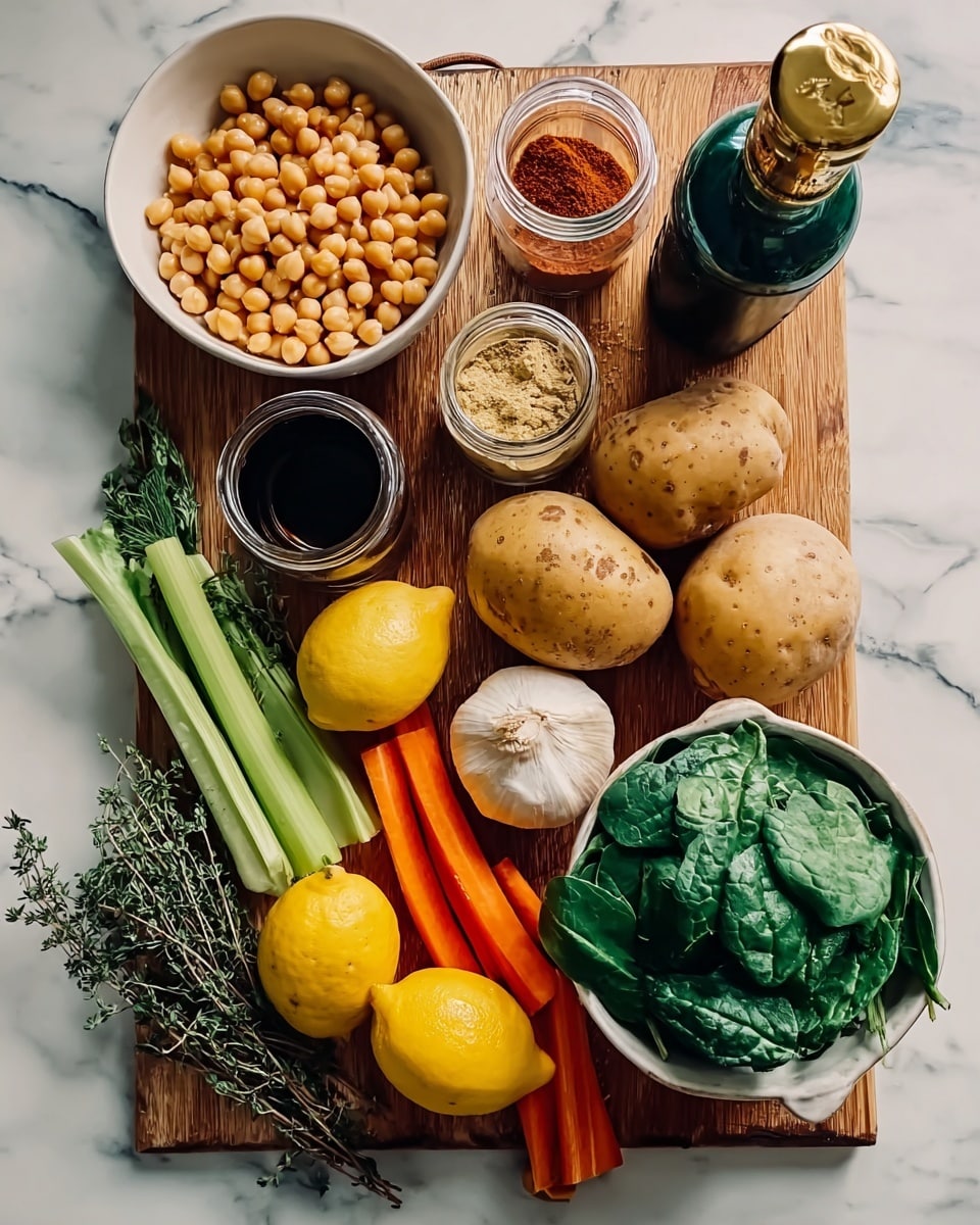 A wooden cutting board on a white marbled surface holds several fresh ingredients arranged neatly. On the top left, a white bowl is filled with light tan chickpeas, next to it are two small glass jars containing reddish-brown and light beige powders. A dark green bottle with a golden top stands beside a small open jar of dark brown liquid. Below, there are three large, light brown potatoes stacked near bright orange carrots. Three green celery stalks and one whole white garlic bulb sit next to halved yellow lemons placed in the center. At the bottom right, a white bowl is full of fresh dark green spinach leaves. A bunch of green thyme is laid out near the center of the board. Photo taken with an iphone --ar 4:5 --v 7