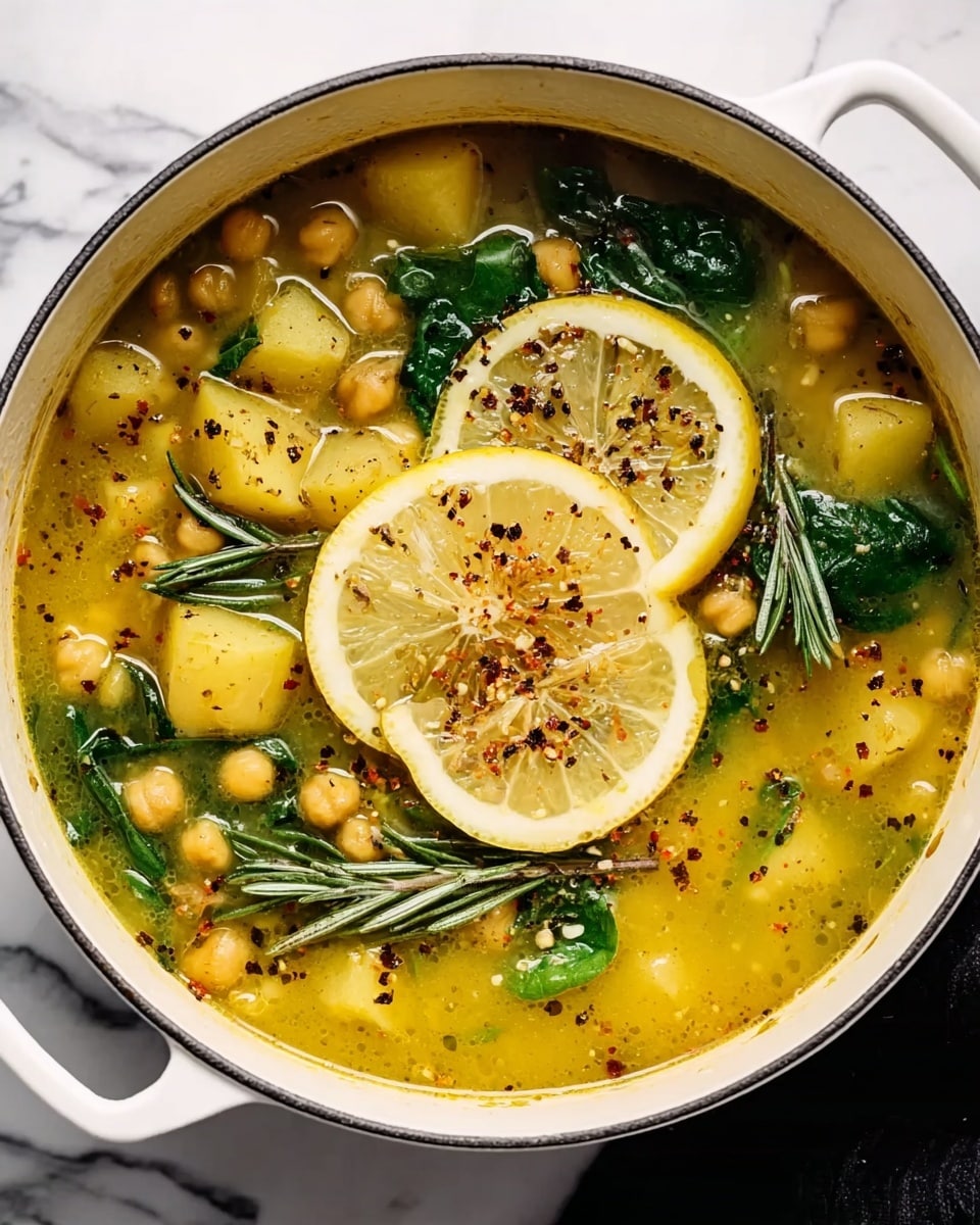 A white pot filled with a yellowish soup that has three main layers: on the bottom, small yellow potato chunks and a light broth; in the middle, green spinach leaves and round chickpeas spread evenly; on the top, two slices of lemon placed near the center, sprinkled with small dark spices and garnished with green rosemary sprigs. The pot is on a white marbled surface with a black cloth partially visible at the bottom right. photo taken with an iphone --ar 4:5 --v 7