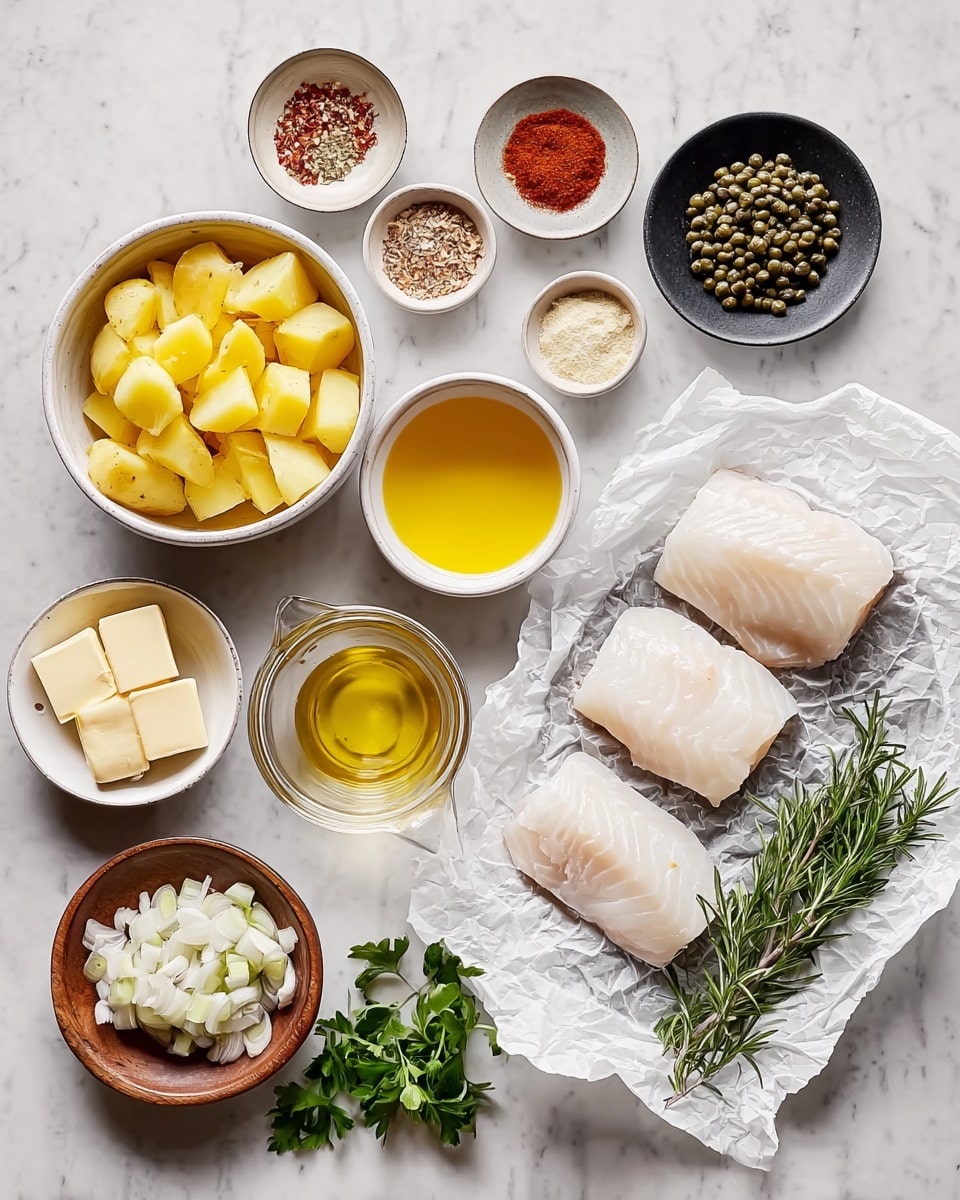 The image shows a neat arrangement of ingredients on a white marbled surface. In the center right, there are three pieces of white fish fillets placed on crumpled white parchment paper. To the bottom right of the fish is a small white bowl with three rectangular slices of butter, next to a sprig of fresh green rosemary and a bunch of parsley. Above these are a white bowl with golden liquid (likely oil), a small white bowl with light yellow mustard, and a glass jar of coarse salt. To the center left, a white bowl holds chopped yellow potatoes, and above it, a small pale pink bowl contains green capers. Above and to the left of the capers are two small dishes, one with chopped garlic on a black plate and the other with reddish paprika on a wooden dish. Below these, there is a wooden bowl with black pepper, a white bowl with chopped shallots, a white plate with lemon zest, another bowl with pale yellow liquid (vinegar or lemon juice), and in the middle, a glass measuring cup filled with light brown broth or stock. All ingredients are displayed clearly, highlighting their colors and textures, on a clean white marbled surface. photo taken with an iphone --ar 4:5 --v 7