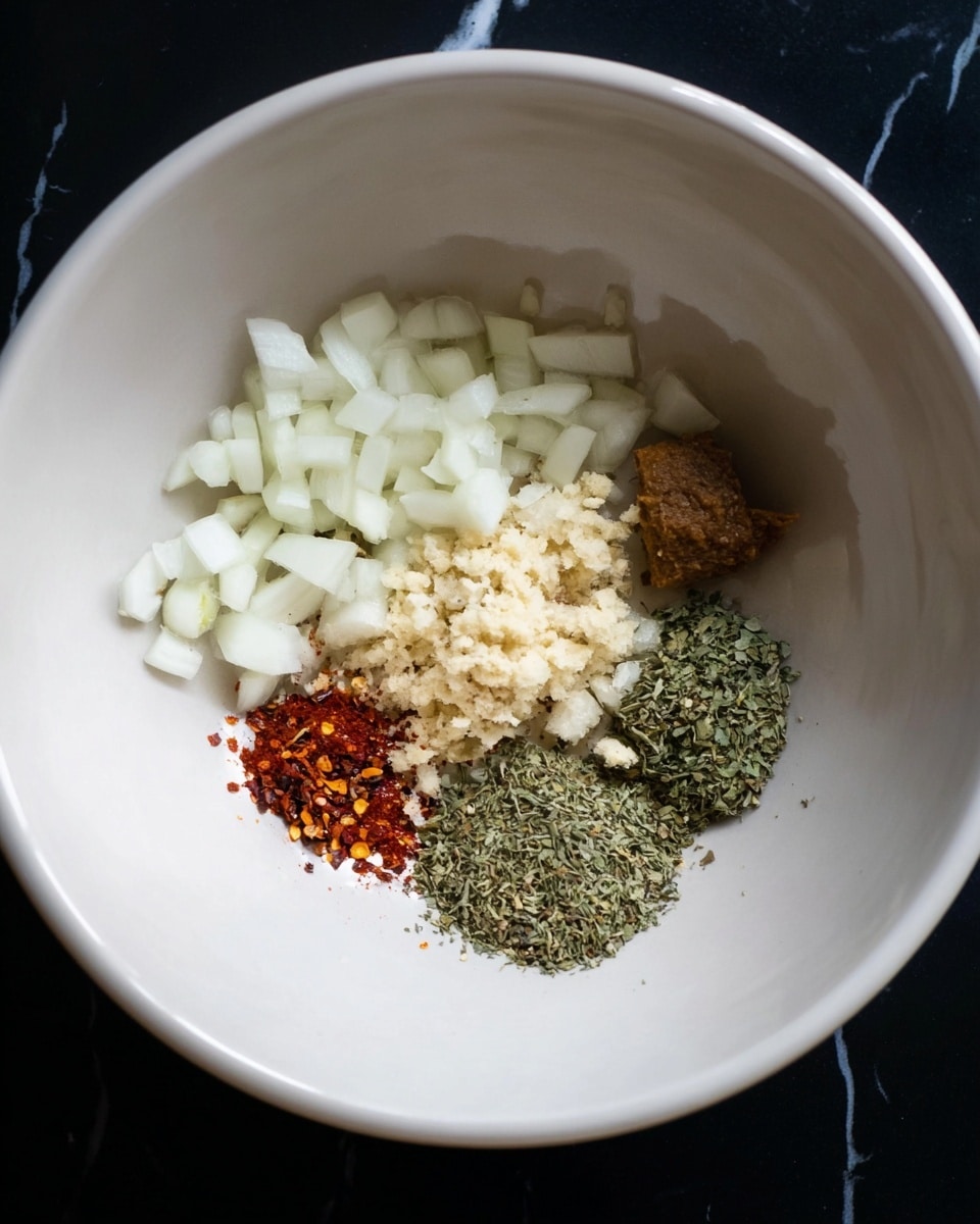 Inside a white bowl, there are five groups of ingredients arranged in a loose cluster. The largest group is a pile of small white onion pieces on the left side. Above that is a mound of finely chopped garlic, pale beige in color. To the right of the garlic, there are two small brown blocks of paste. Below the paste is a pile of green dried herbs, and just above that and slightly to the left is a small amount of crushed red chili flakes. The bowl sits on a black surface, but the background has been changed to a white marbled texture. photo taken with an iphone --ar 4:5 --v 7