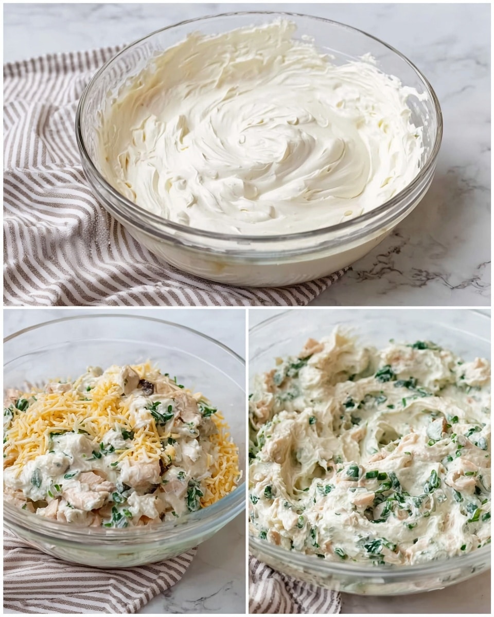 The images show a clear glass bowl on a white marbled textured surface with a striped cloth in the background. The first image has a single smooth layer of whipped cream or cream cheese, which is white and fluffy with soft peaks. The second image shows the same bowl with six layered ingredients: shredded cheese in pale yellow, chopped green leafy herbs, creamy white mayonnaise, pale chunks of cooked chicken, and small pieces of mushrooms. In the last image, all the ingredients are mixed together, creating a creamy, thick, and chunky white mixture with pale yellow bits and bright green herbs scattered throughout. Photo taken with an iphone --ar 4:5 --v 7