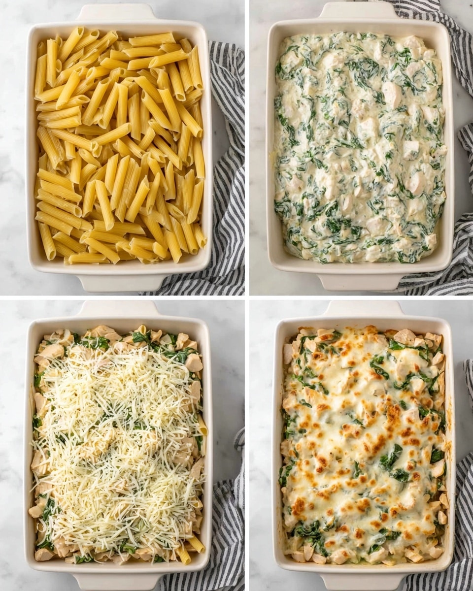 The image shows five steps of making a baked pasta dish in a white rectangular baking pan on a white marbled surface with a striped cloth nearby. The first layer is a bed of cooked yellow pasta tubes spread evenly across the pan. On top of this is a creamy white mixture with visible pieces of chicken and green spinach, spread in a thick layer covering the pasta in the second image. The third image shows this creamy mixture spread more evenly over the pasta. The fourth image adds a generous layer of shredded white cheese sprinkled all over the creamy spinach and chicken mix. The final image shows the fully baked dish where the cheese is melted and golden brown with some browned spots, and the spinach and chicken remain visible beneath the melted cheese. Photo taken with an iphone --ar 4:5 --v 7